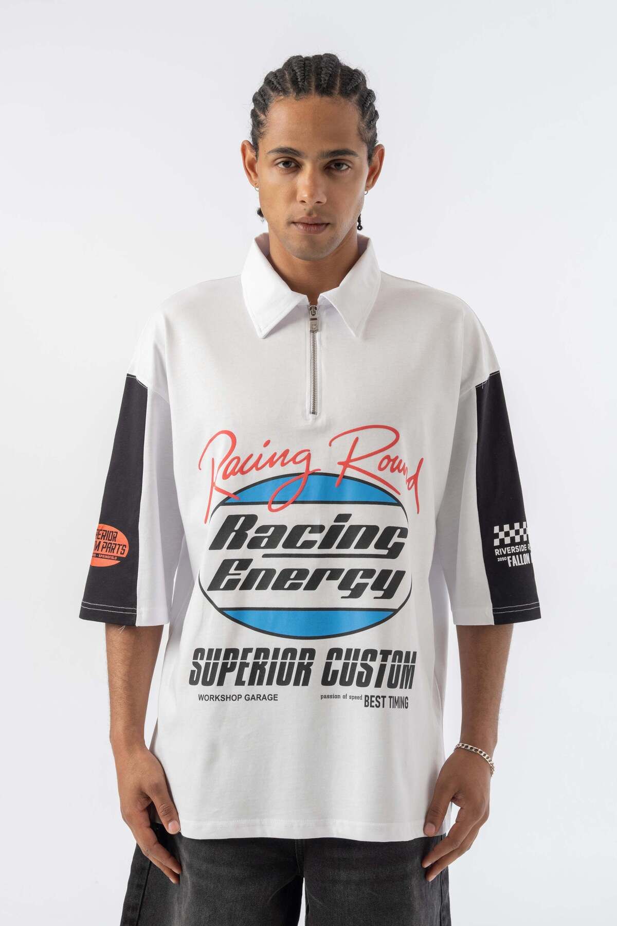 jaceyjace Racing Energy Polo Yaka Oversize T-shirt- Beyaz