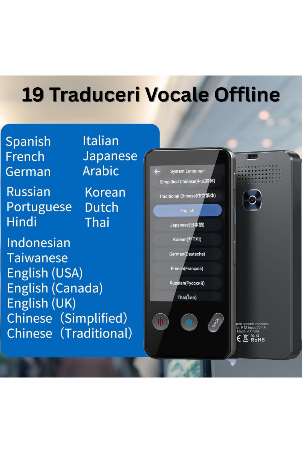 Velixo-Smart Translator, 3.4" Screen, 5MP, WiFi, BT, AI ChatGPT, 143 Lang Voice, 19 Offline, Photo/Text 3