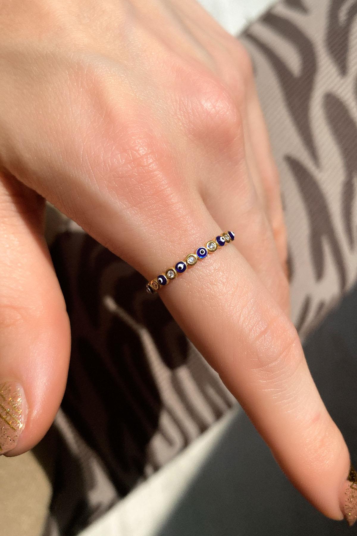 Spossy Silver Jewelry Lacivert Mineli Taşlı Tam Tur İnce Yüzük