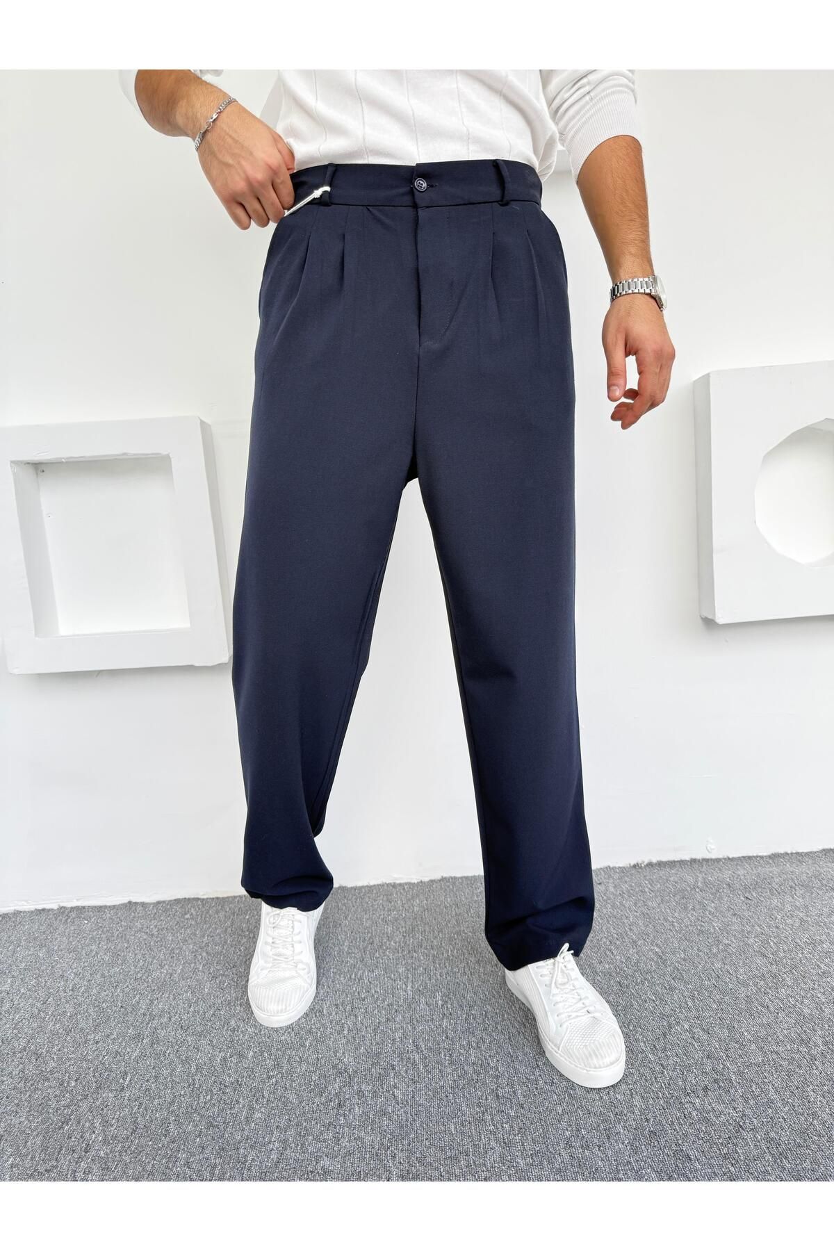 Butik Pileli Baggy Kumaş Pantolon Lacivert