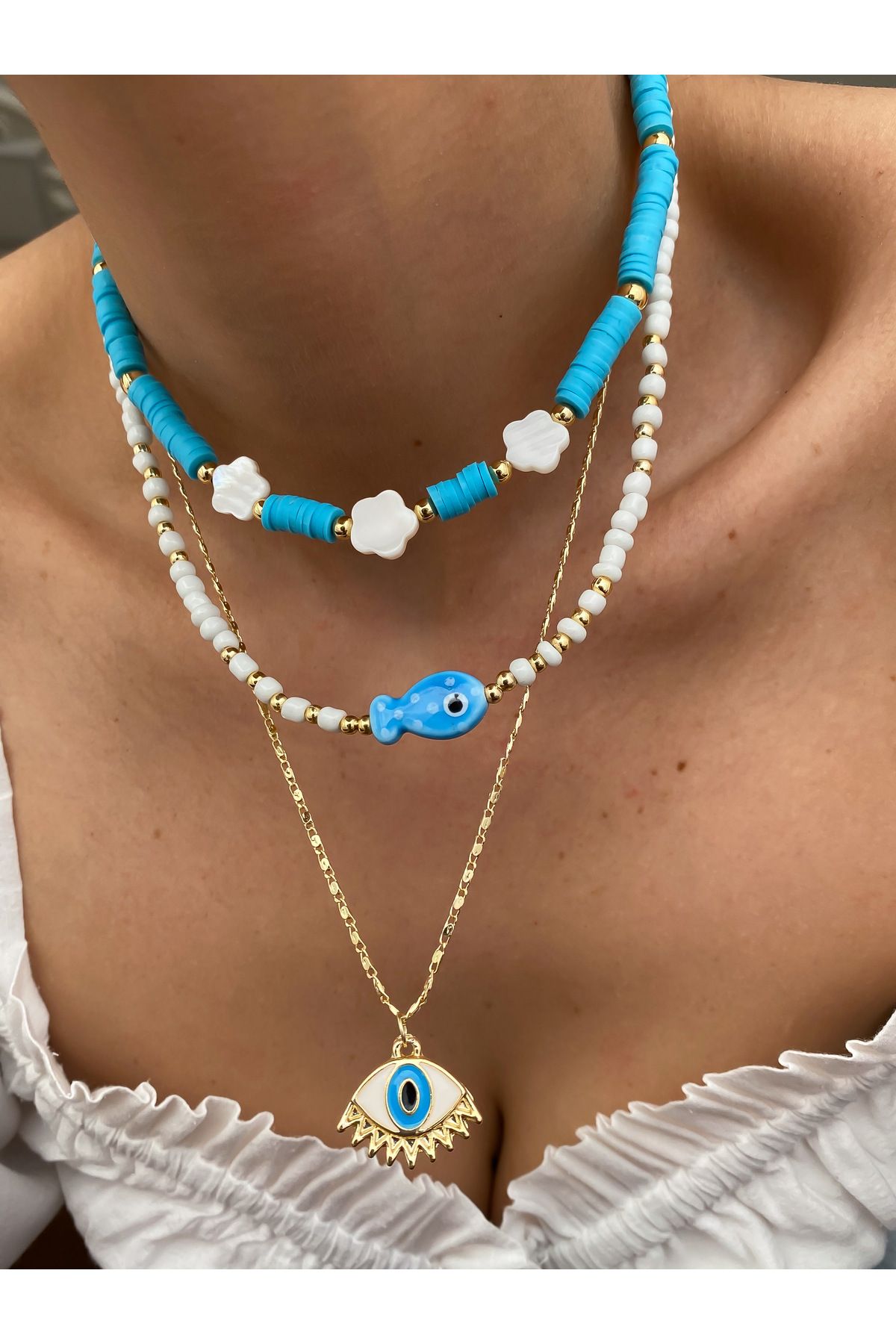 Lucky Designs Renkli Seramik Figür Detay Üçlü Set Kolye/ Kadın Çoklu Set Kolye/Yazlık Üçlü Kolye