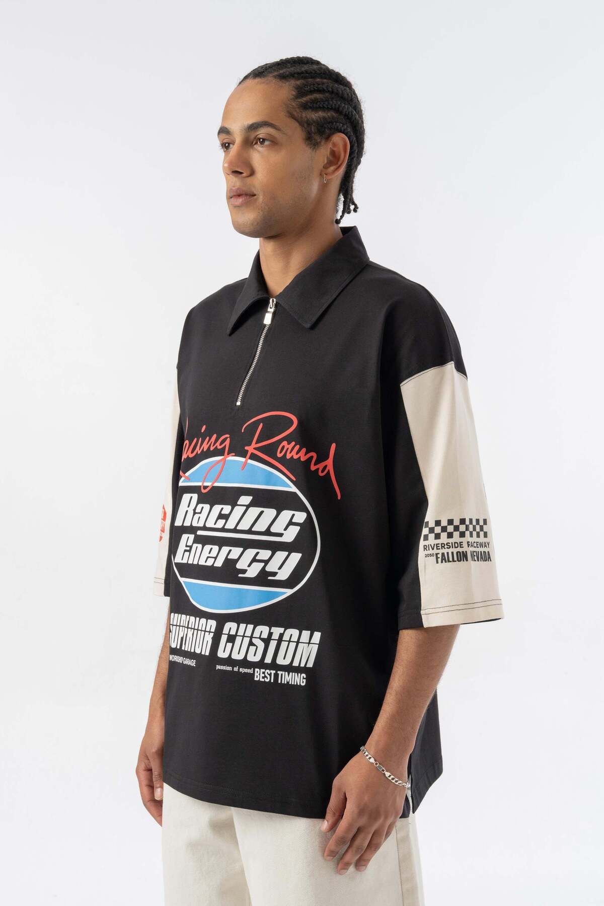 jaceyjace Racing Energy Polo Yaka Oversize T-shirt- Siyah
