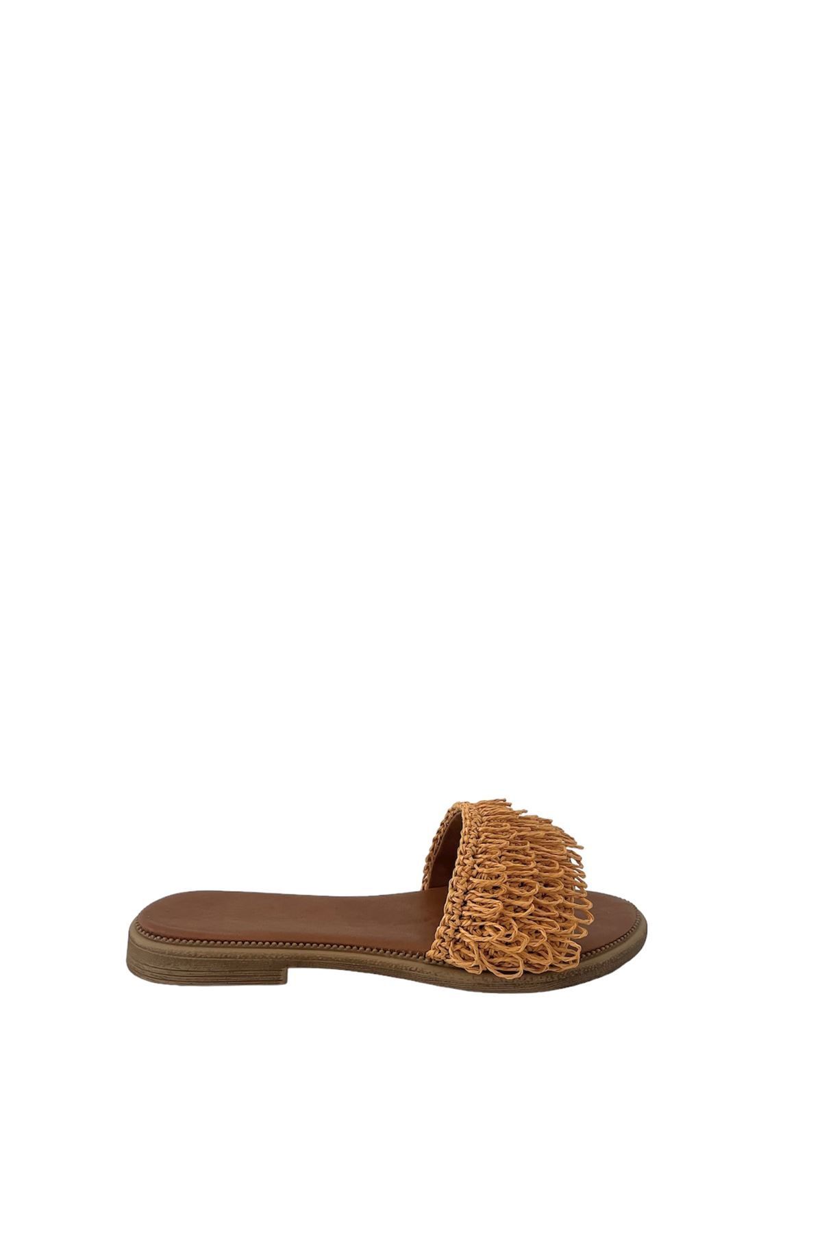 Saracshoes Kadın Püsküllü Hasır Taba Terlik Tassel