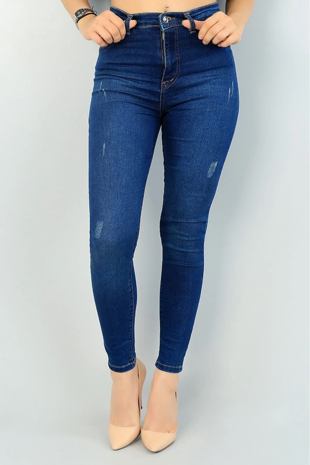 LİMABEL  Kadın Mavi Yüksel Bel Bilek Boy Dar Paça Skinny Likralı Kot Pantalon - Görsel 3