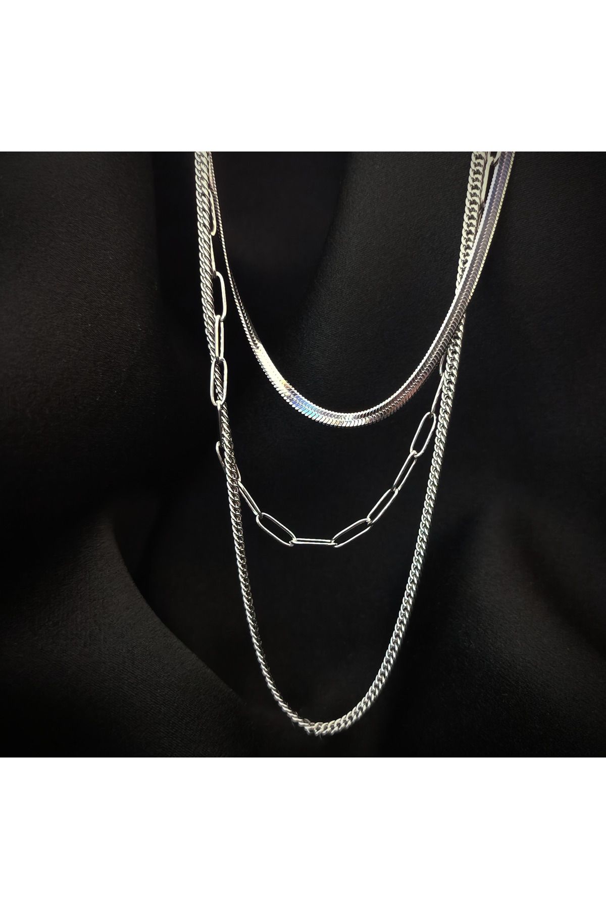 staınless steel 3 lü gümüş renk zincir model kolye