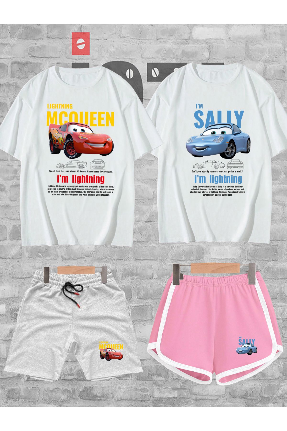 Jobia Outdoors Kadın Erkek Sally McQueen Cars Baskılı Sevgili Çift Kombini Tasarım Oversize Tshirt Şort 4lü Set