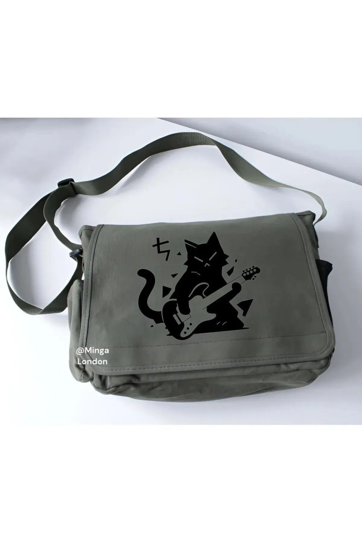 DEEFWEAR Haki Black Guitarist Cat Baskılı Okul , Kurs , Dershane Postacı Çantası