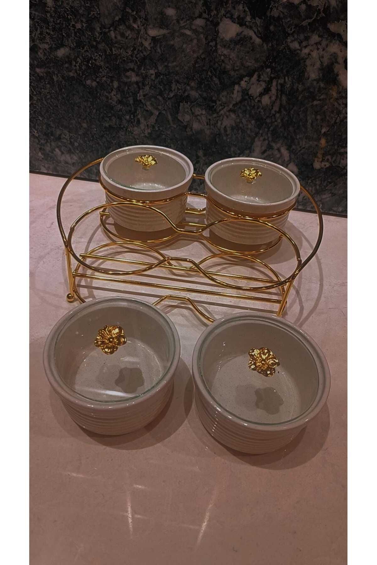 Marblecenter obje biblo seramik kahvaltı seti standlı gold 4lü kapaklı set