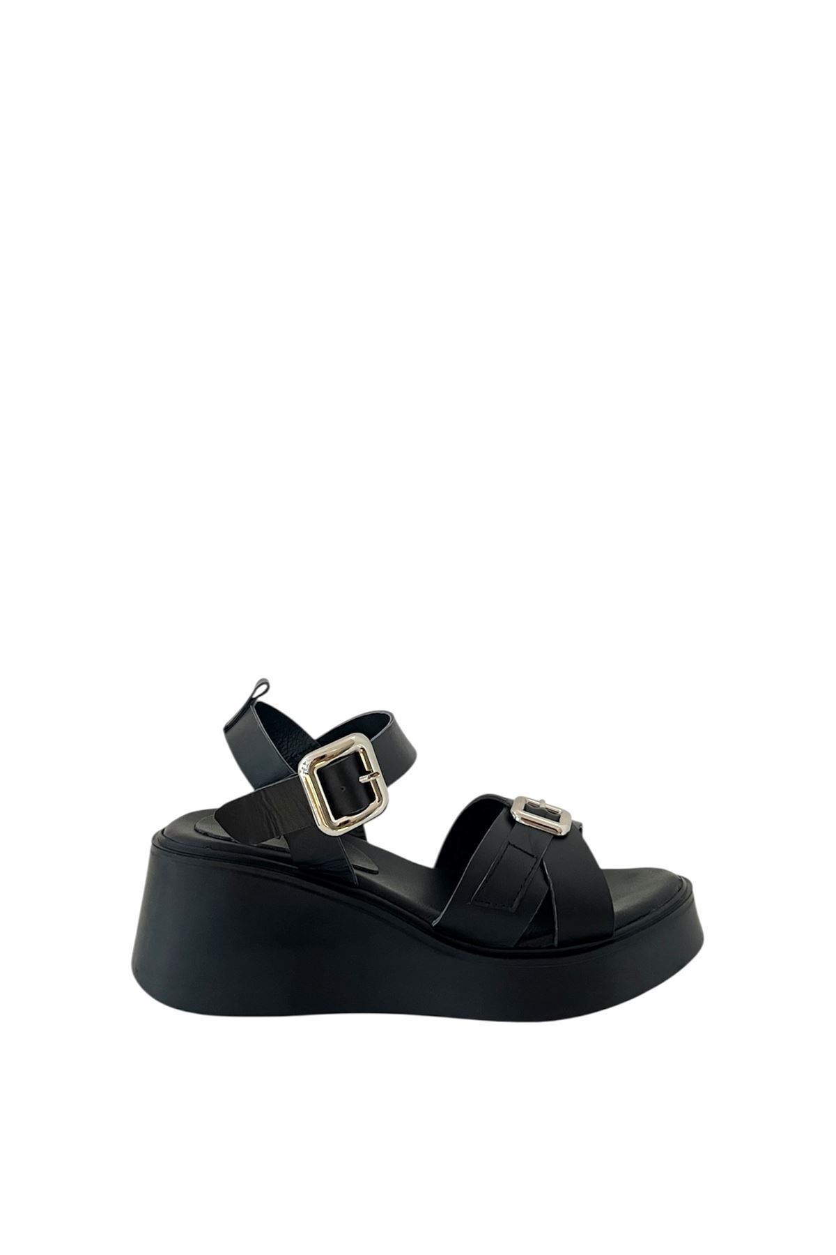 Saracshoes Gerçek Deri Siyah Kadın Sandalet Dark