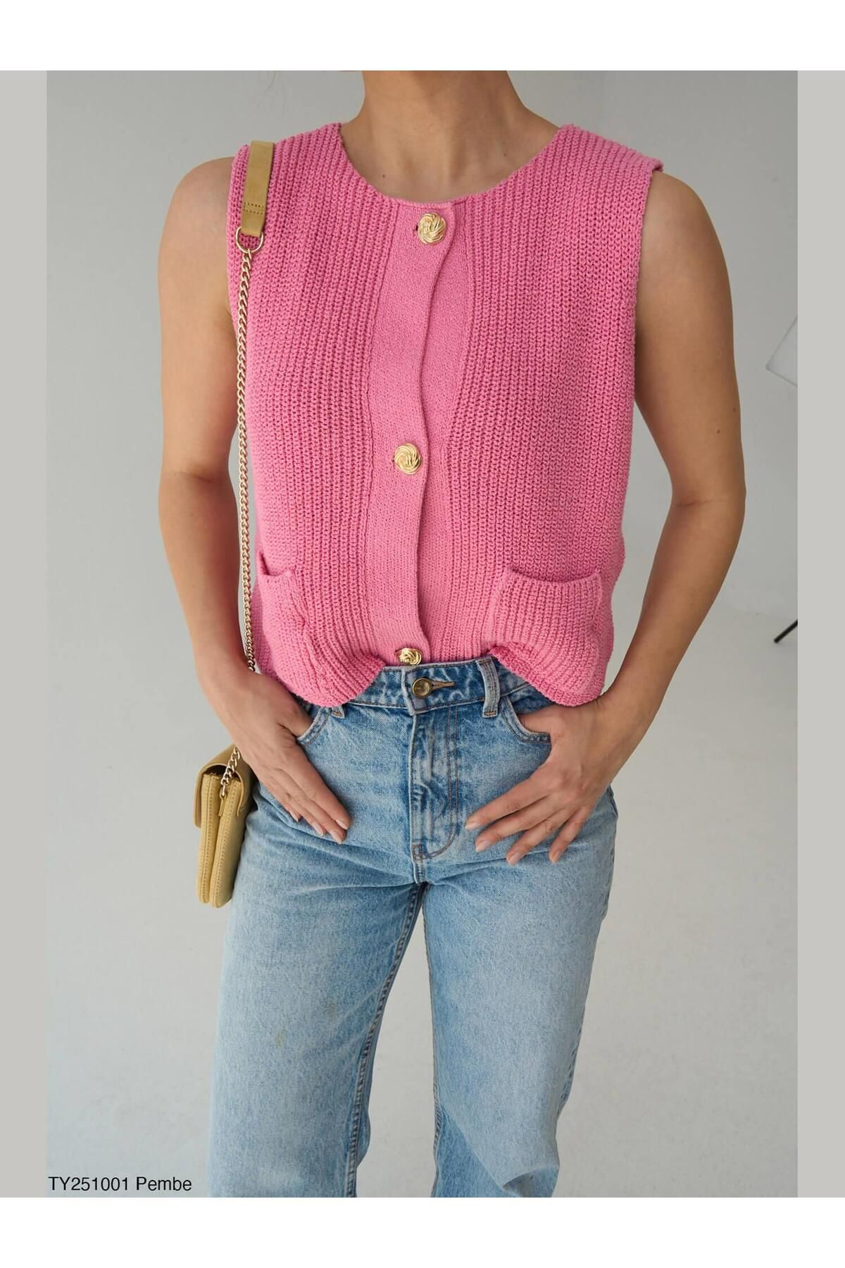 Coral Sıfır Kol Triko Yelek Pembe