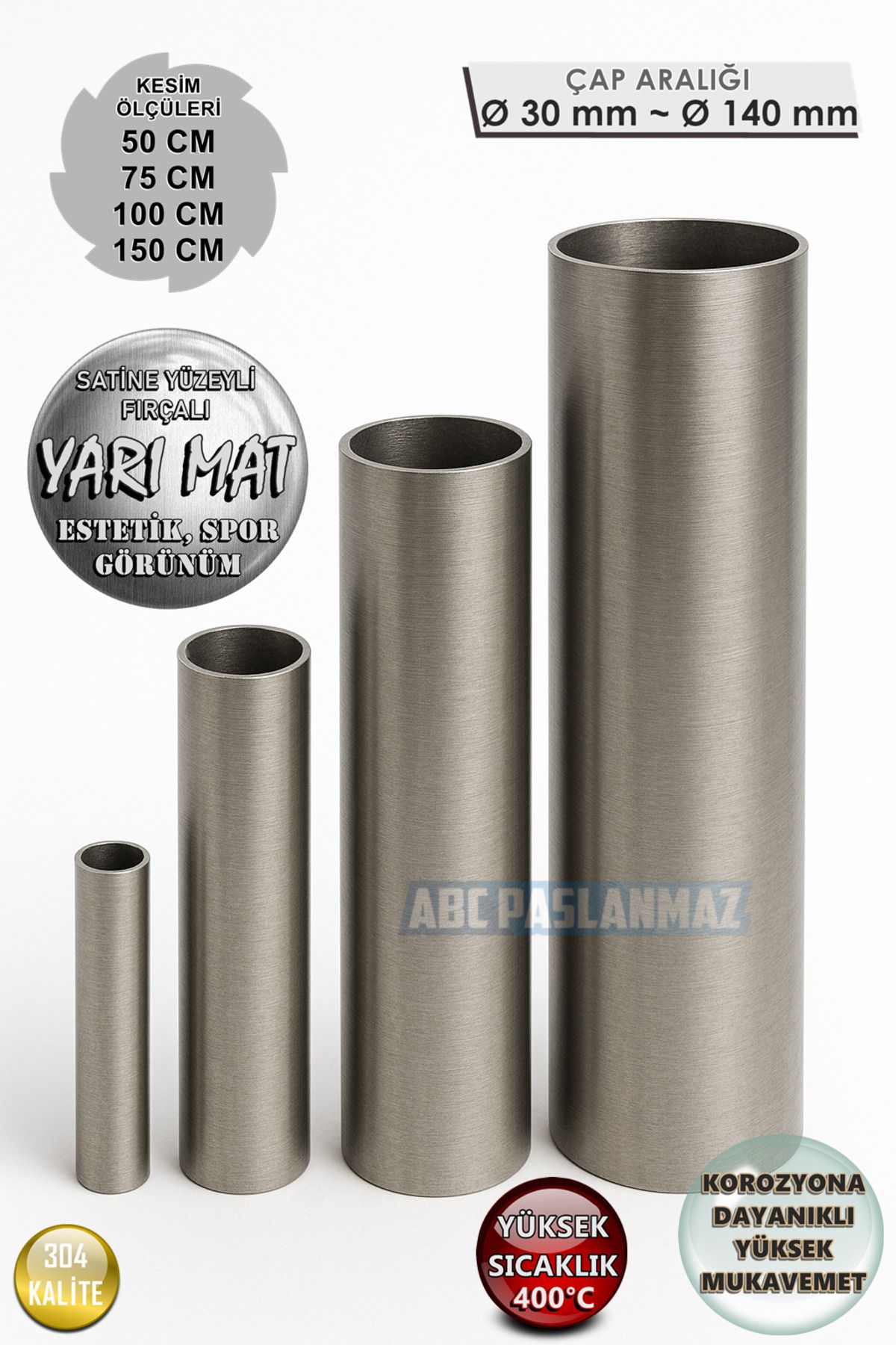 abcpaslanmaz Boru 90mm Egzoz Borusu Boy: 150cm Paslanmaz Ekzoz Borusu Düz Kalınlık 2mm Krom