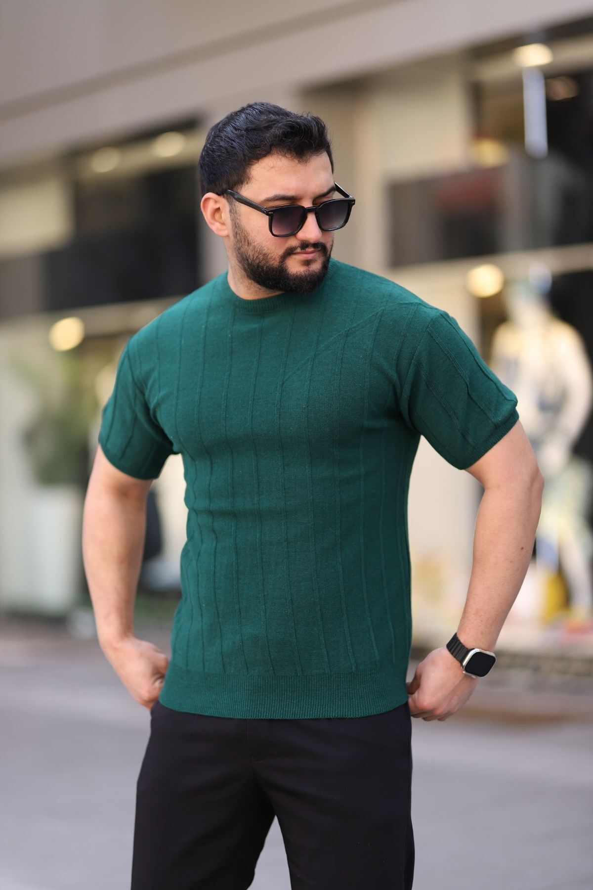 Trendseninle Yeşil Bisiklet Yaka Kabartma Triko Örme Kısa Kollu Tişört