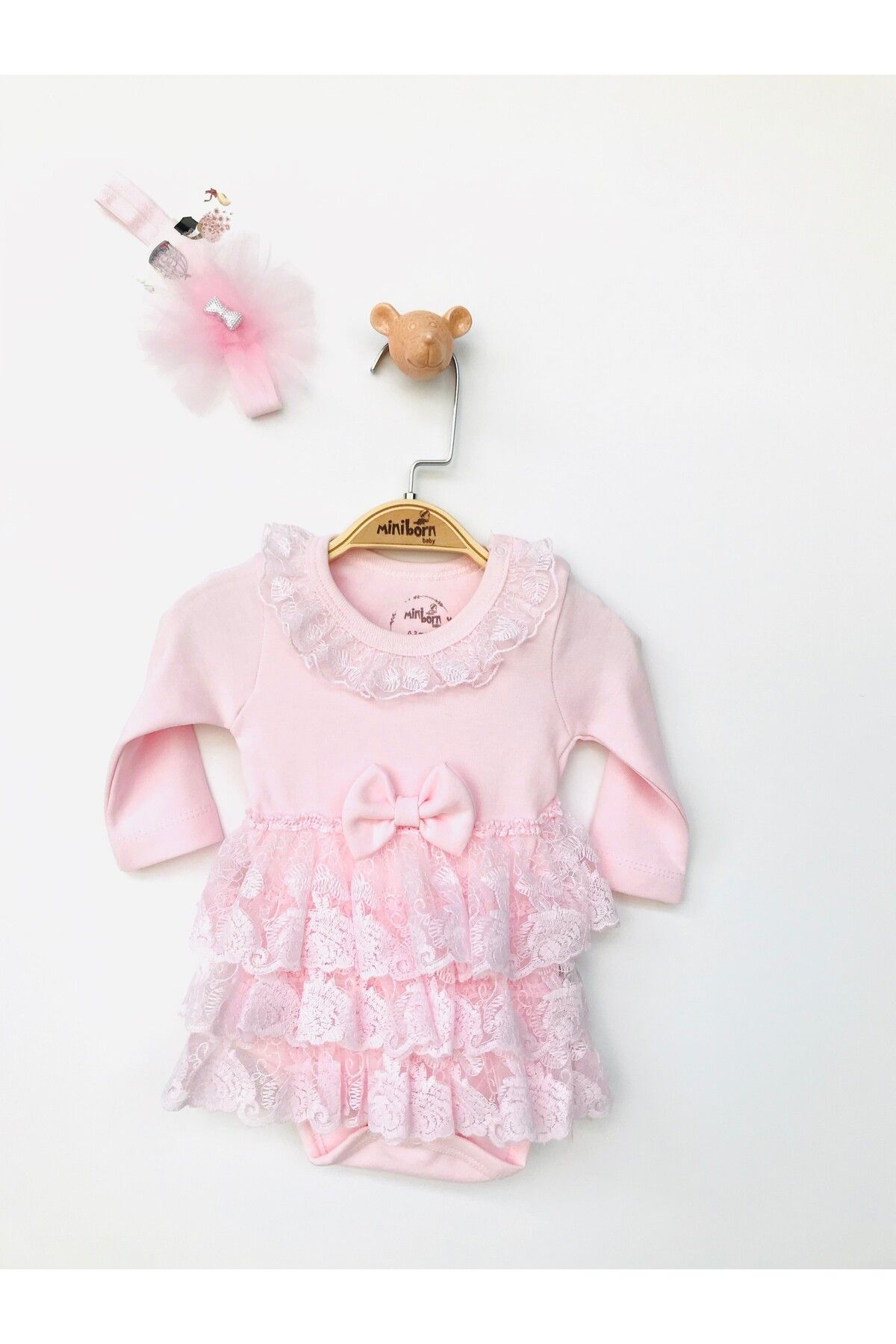 adeniko KIZ BEBEK UZUN KOLLU PAMUK PEMBE BELDEN KAT DANTEL DETAY BADİ ELBİSE SET