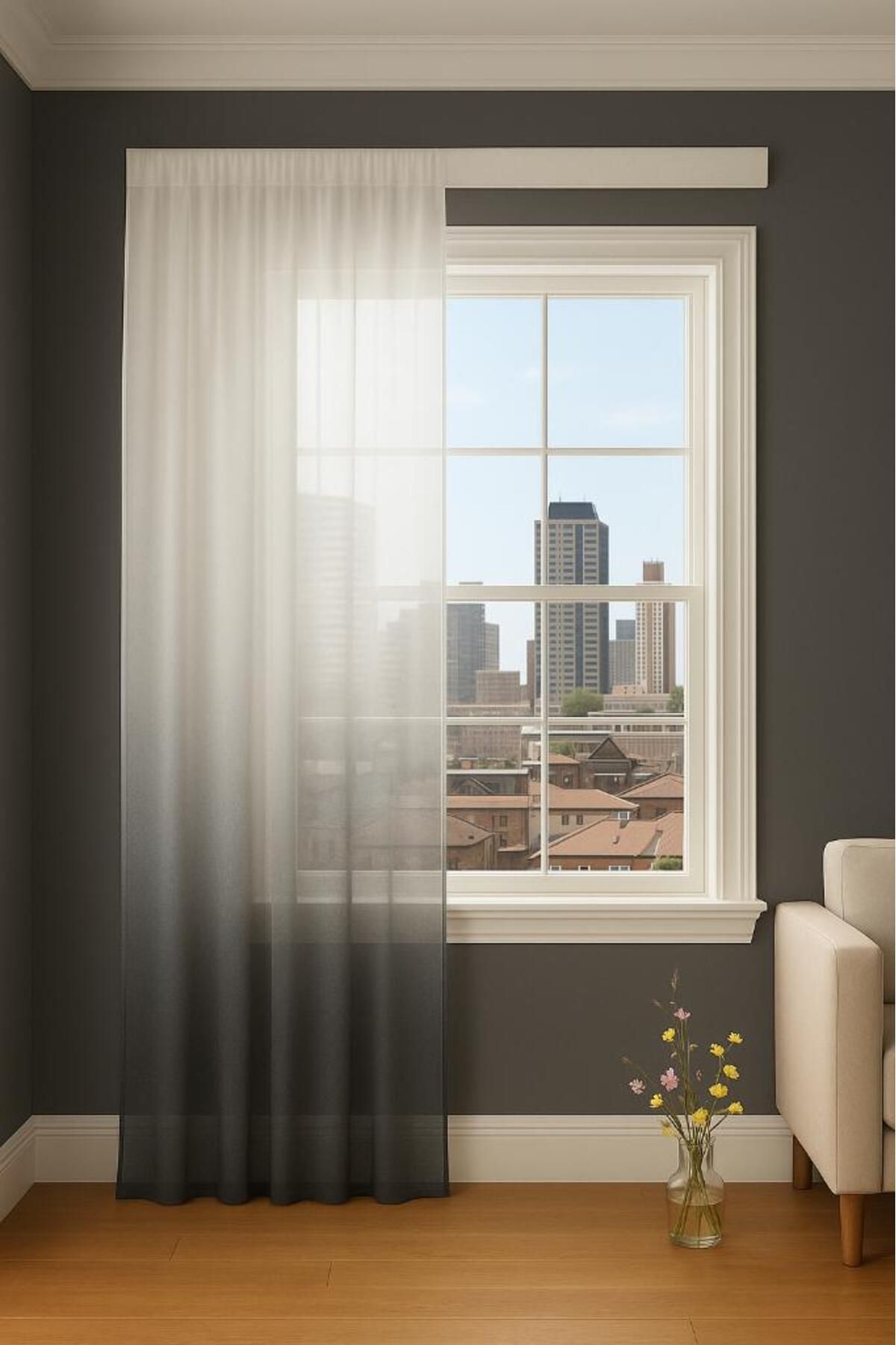 Miabella Home Degrade Tül Perde 350x270 cm | Açık Gri – Koyu Gri Renk Geçişli, Işık Geçiren ve Yıkanabilir