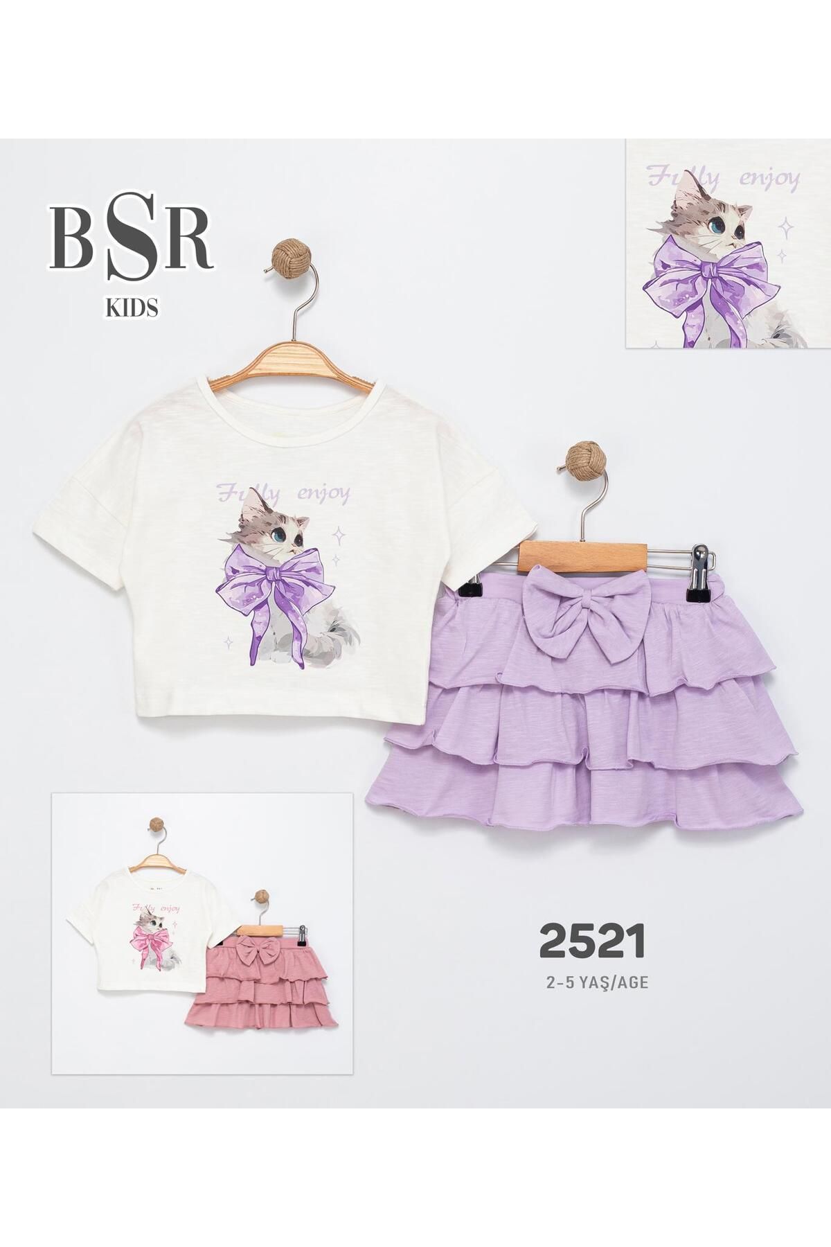 MODA Kedili Fiyonklu T-Shirt Etek kız Çocuk Takımı / Bebek Takımı