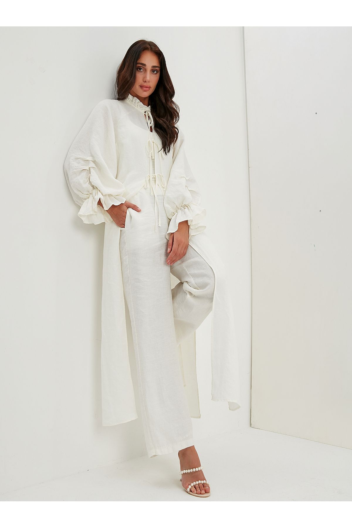 Store Wf %100 Keten Balon Kol Detaylı Beyaz Keten Kimono Takım