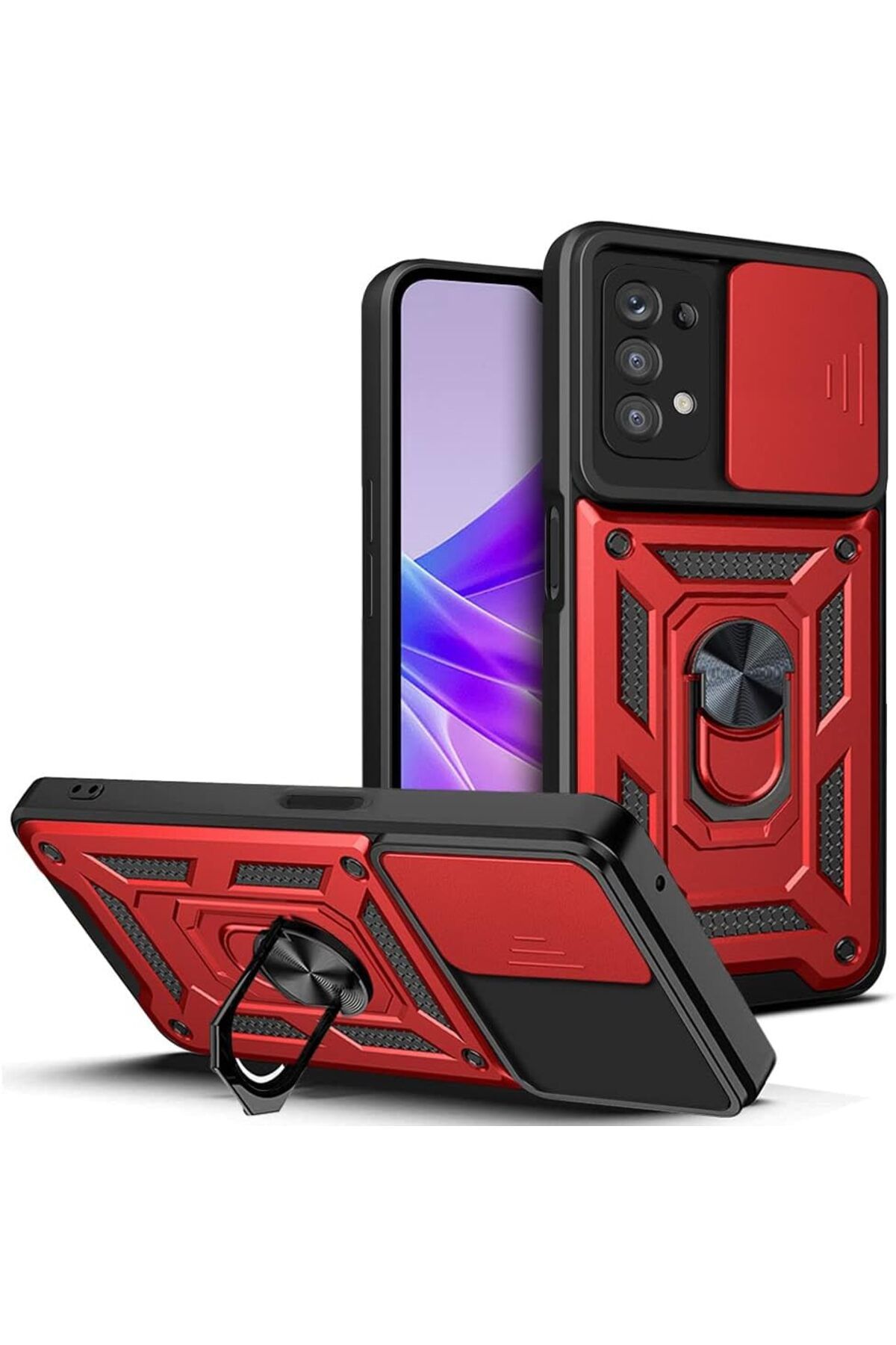Rivor Oppo A74 Uyumlu Kılıf Kamera Sürgülü Standlı Yüzüklü Darbe Emici Zırh Koruyucu Tank Kapak