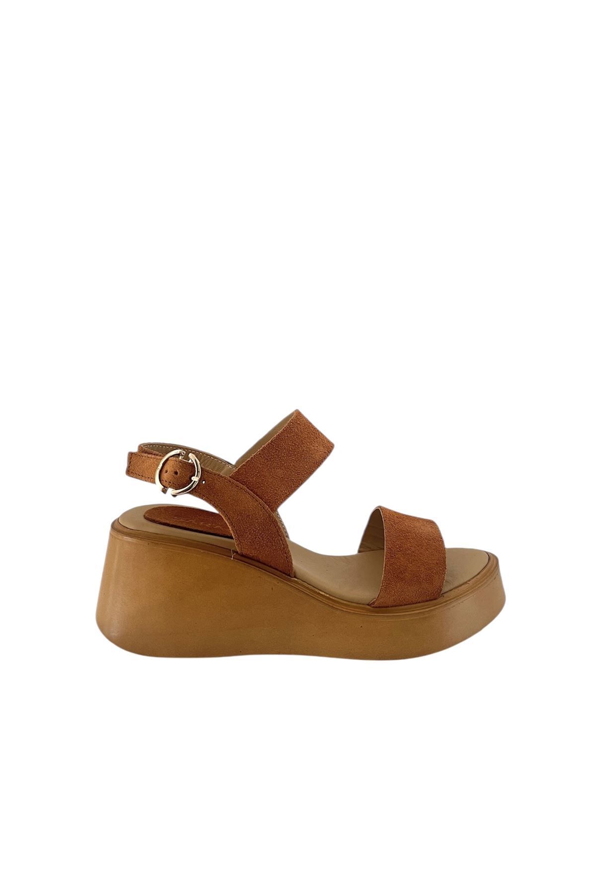 Saracshoes Gerçek Deri Süet Taba Kadın Sandalet Nily