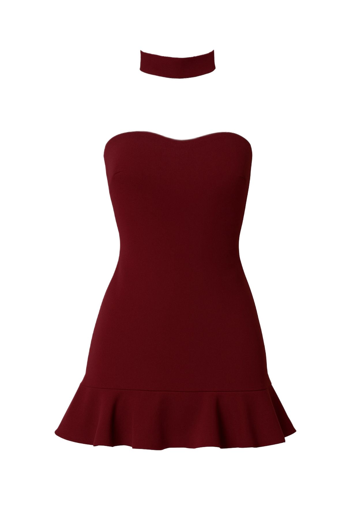 rashera KAIA Straplez Choker Detaylı Volanlı Mini Elbise (Bordo)