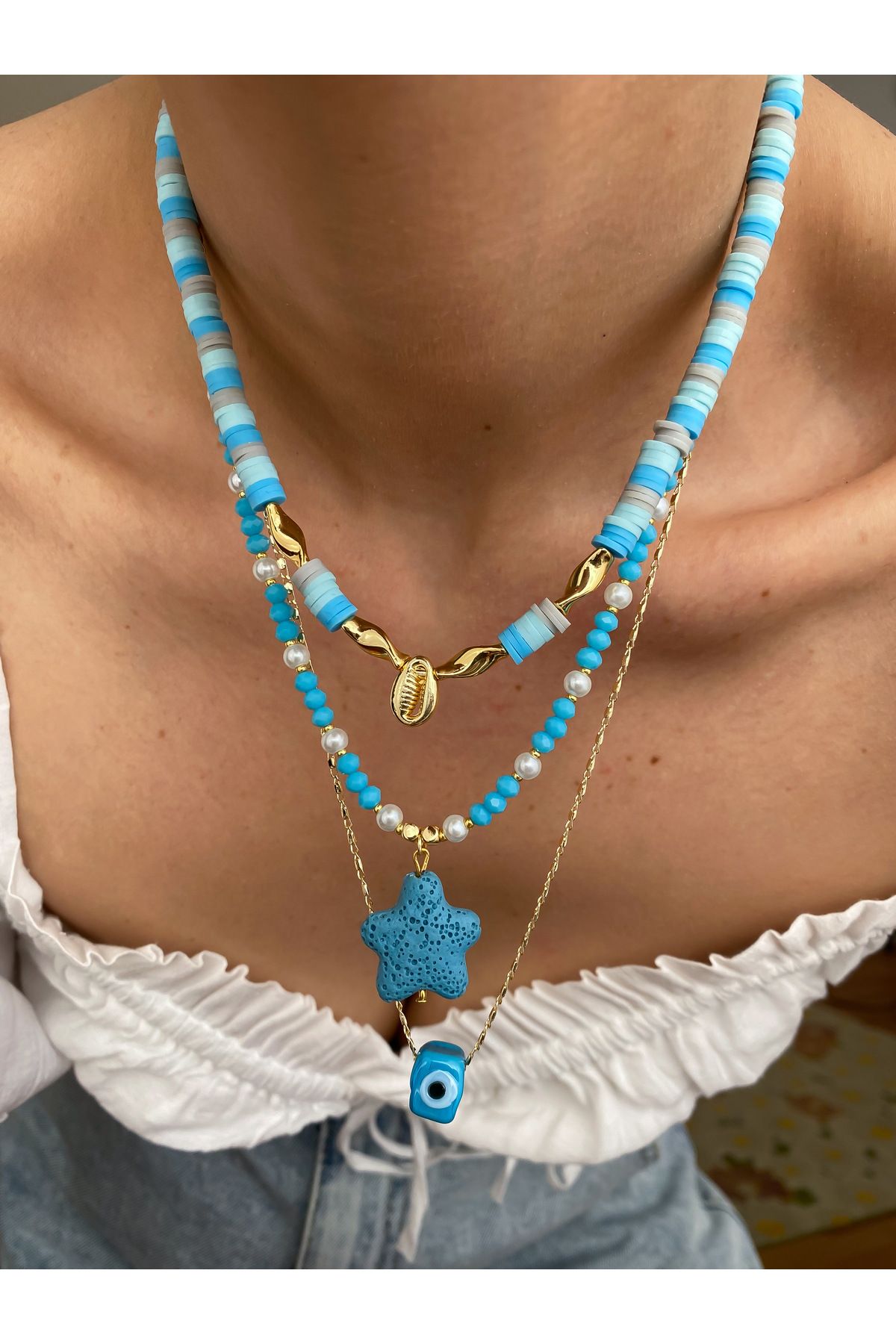 Lucky Designs Renkli Seramik Figür Detay Üçlü Set Kolye/ Kadın Çoklu Set Kolye/Yazlık Üçlü Kolye