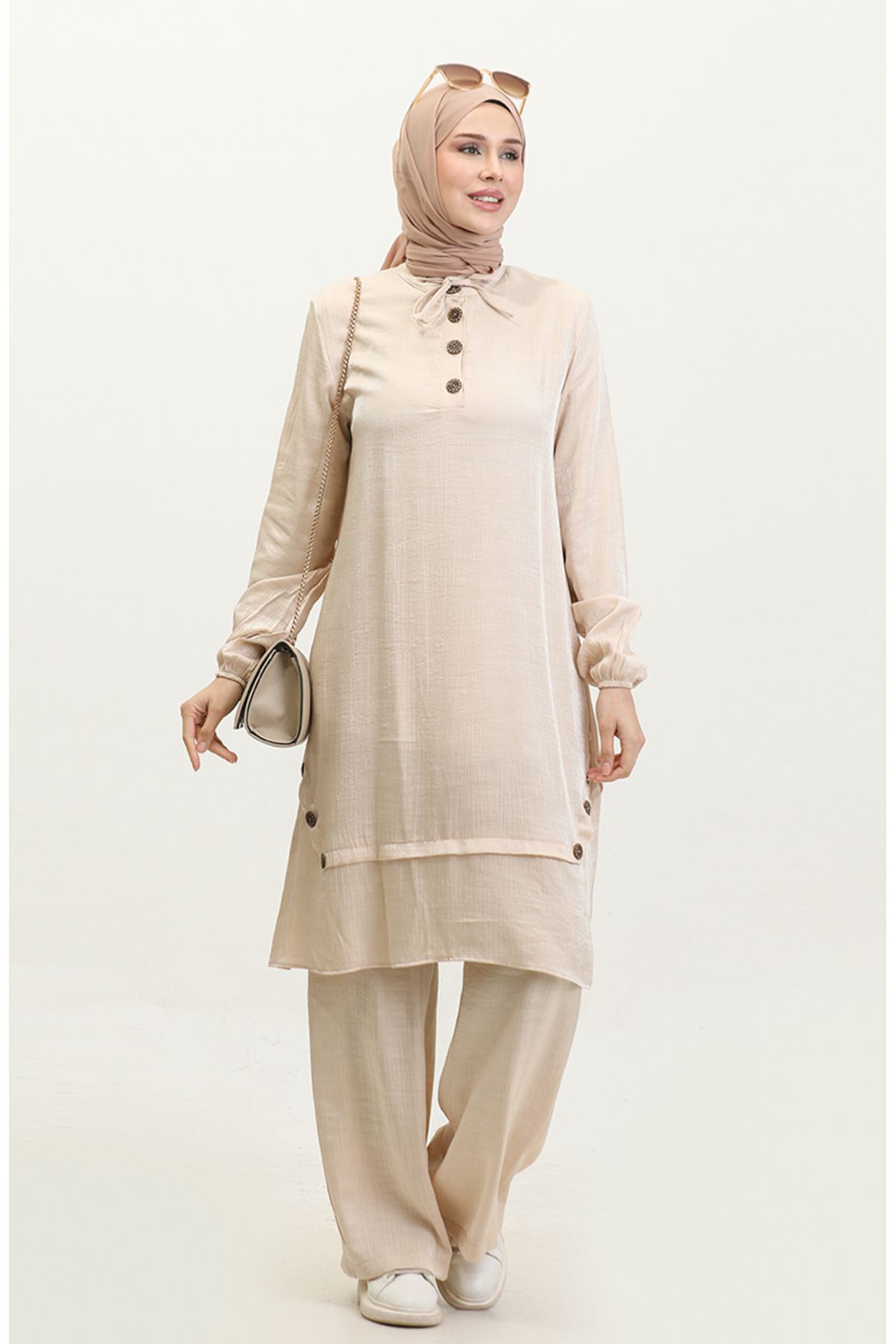 sefamerve-Cream Tunic and Trousers Double Set - Button Detailed 11302-05 1