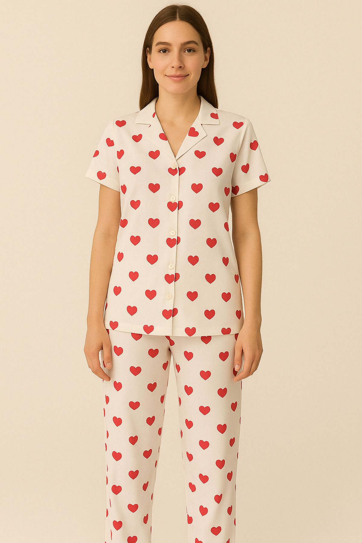 IŞILAY HOMEWEAR Premium Milan Kumaş Kalpli Pijama Takımı