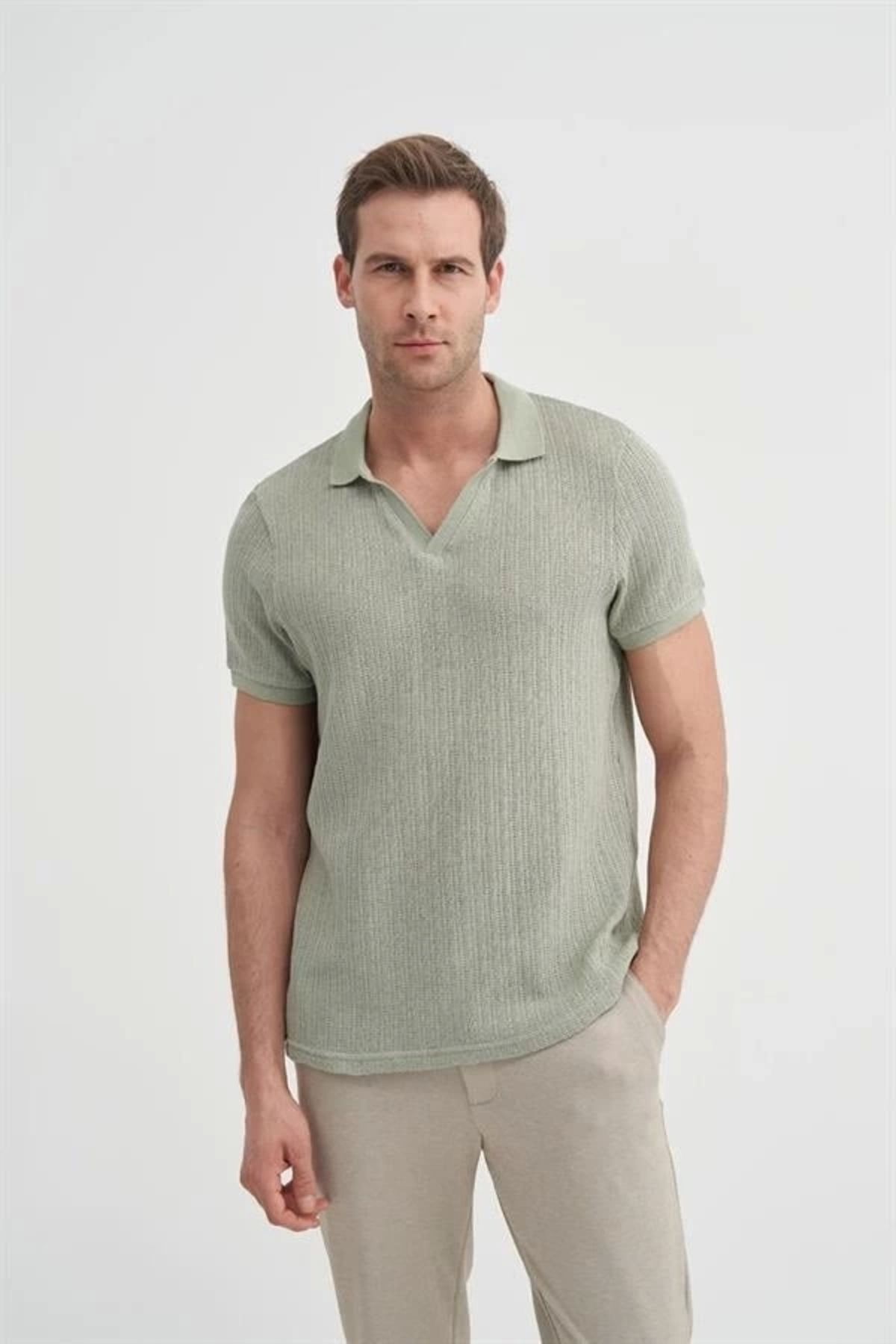 Lale Moda 4012 Örgü Polo Yaka Erkek TShirt Yeşil