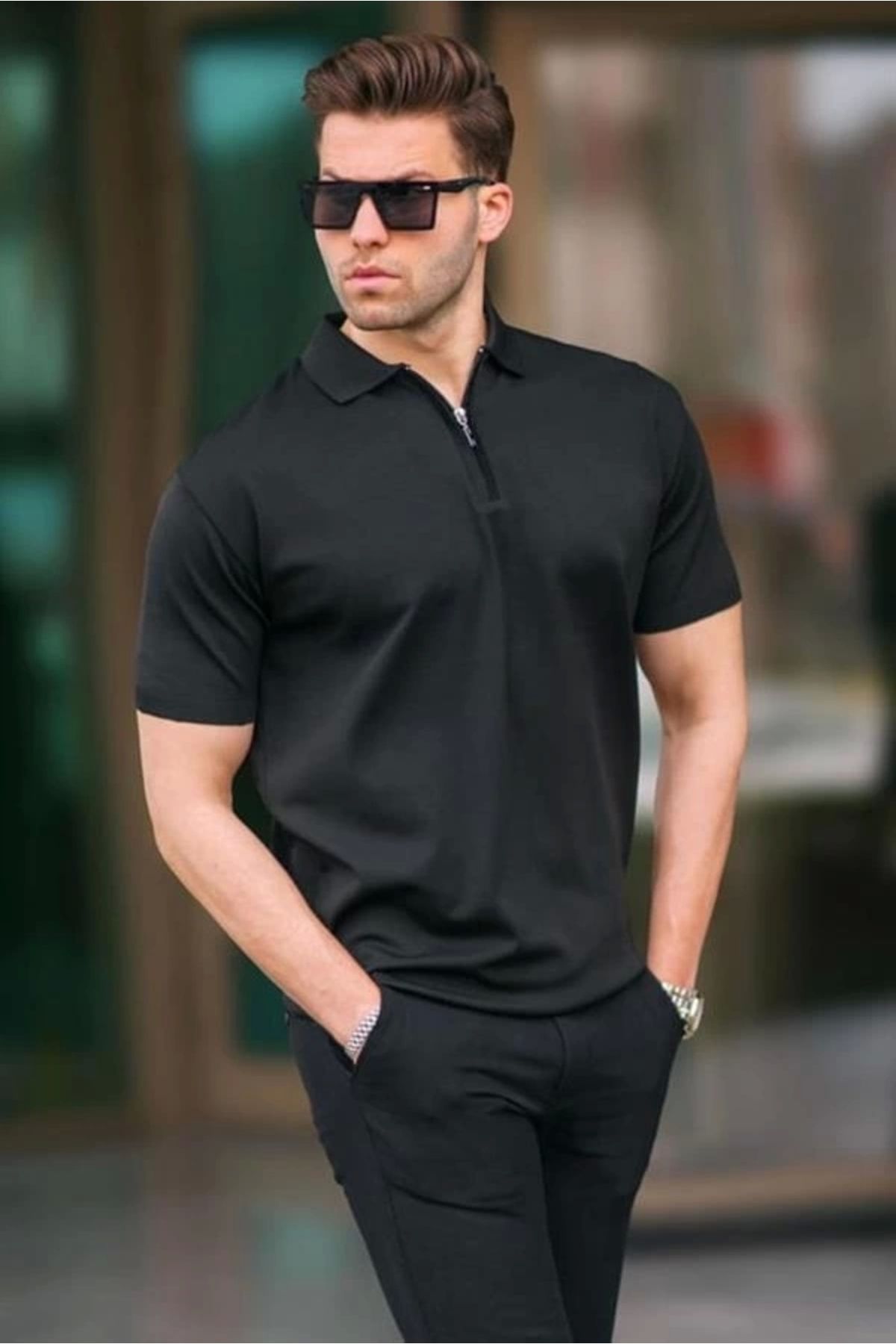 Lale Moda 2570 Fermuarlı Polo Yaka Merselize Kumaş Kolu Ve Beli Lastikli Erkek TShirt Siyah