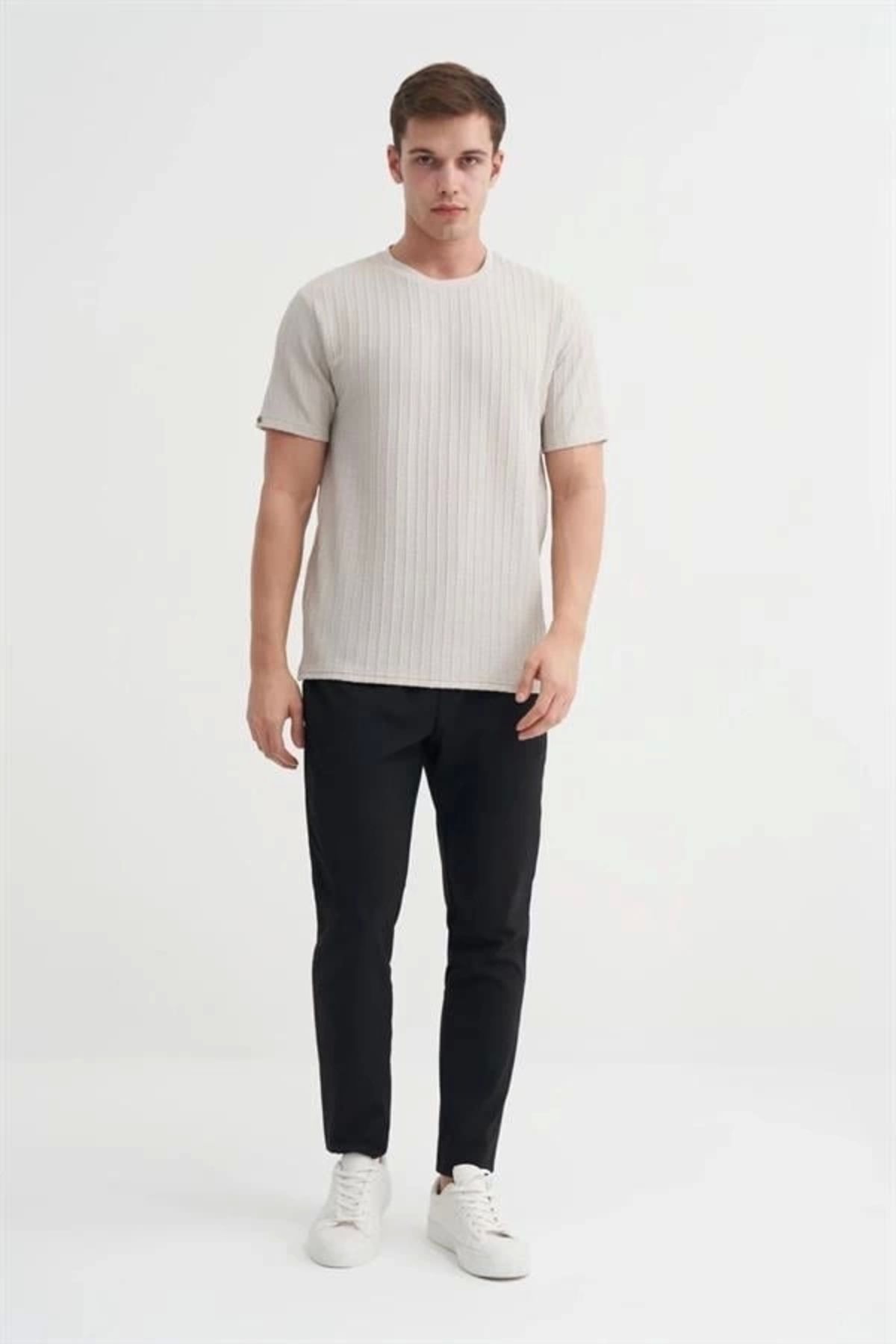 Lale Moda 4051 Bisiklet Yaka Desenli Erkek T-Shirt GRİ