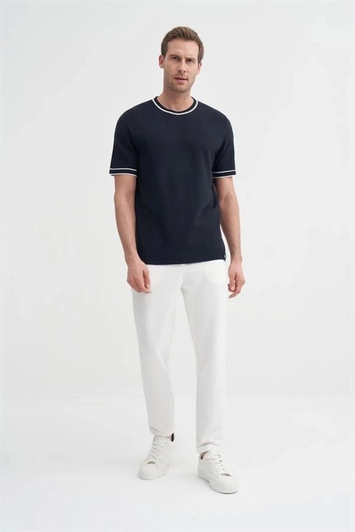 Lale Moda 3013 Bisiklet Yaka Bel ve Kol Lastikli Triko Erkek T-Shirt LACİVERT