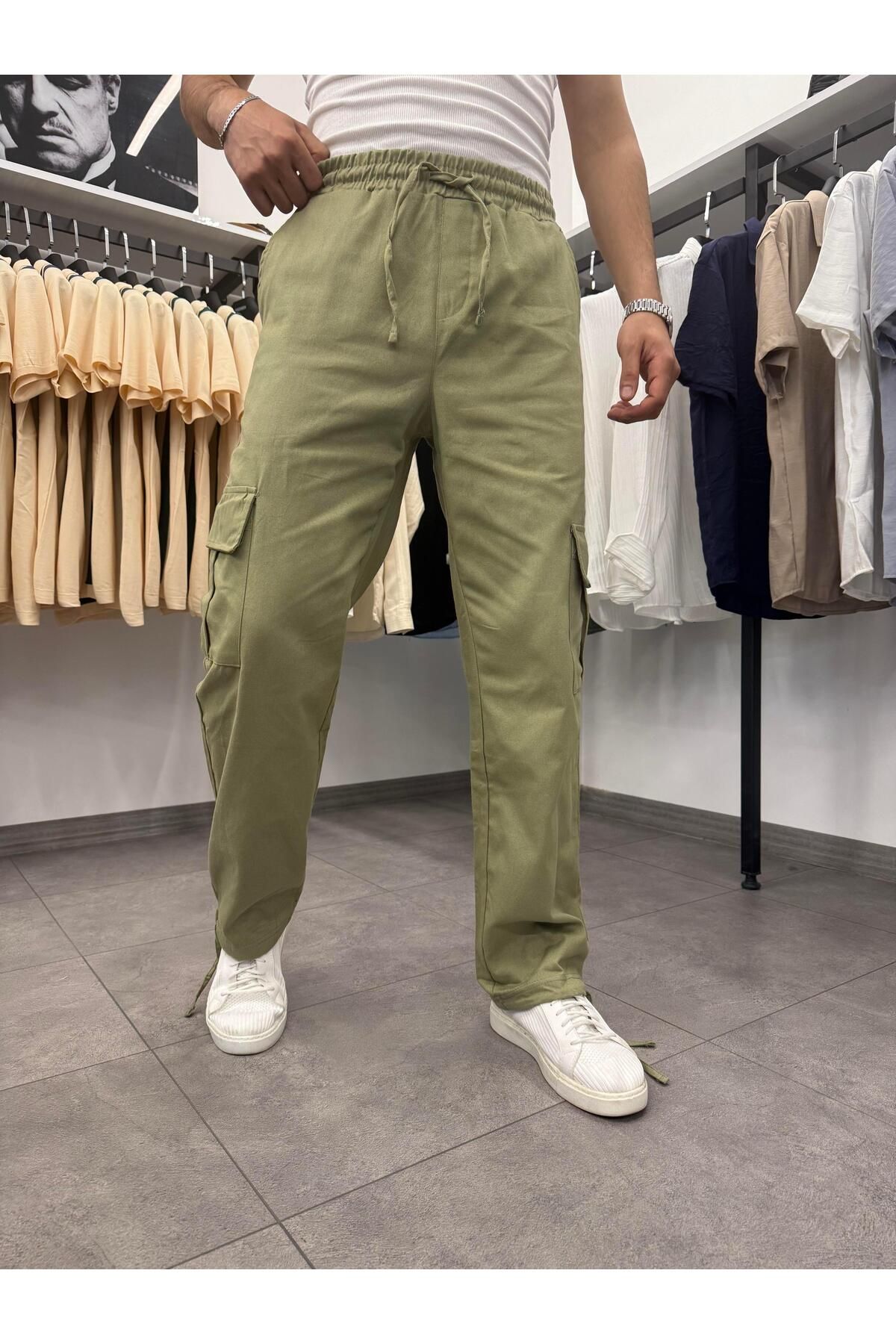 Butik Kargo Cepli Gabardin Kumaş Paça Ayarlanabilir Keten Pantolon Haki