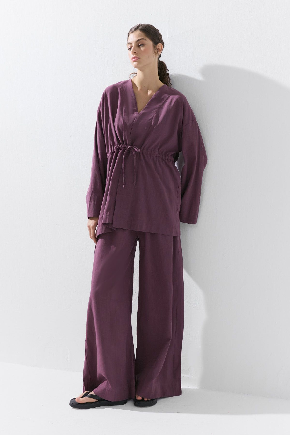Hooopstore Önden Bağlama Detaylı Mürdüm Kimono Pantolon Takım