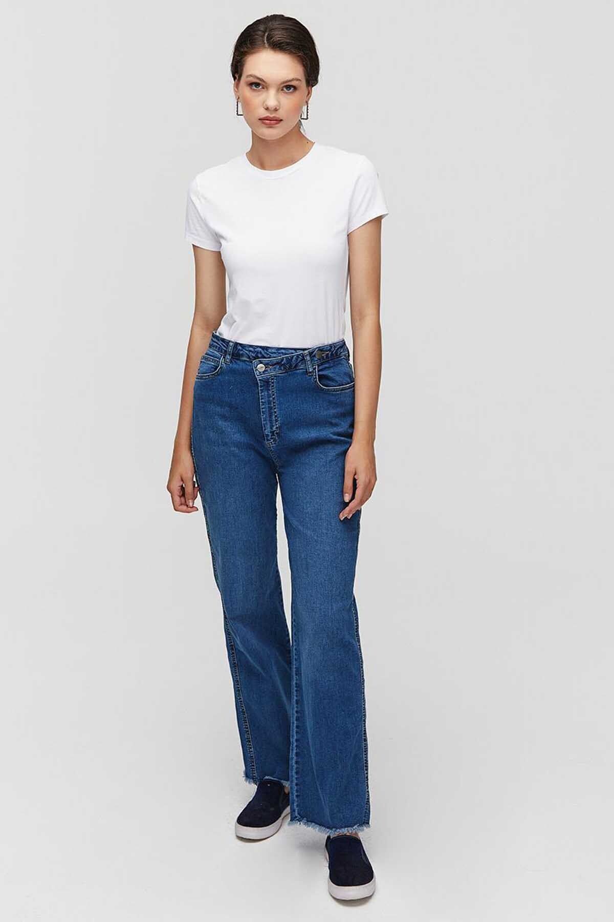 Kayra Kadın Beli Çapraz Kapamalı Denim Pantolon - Lacivert