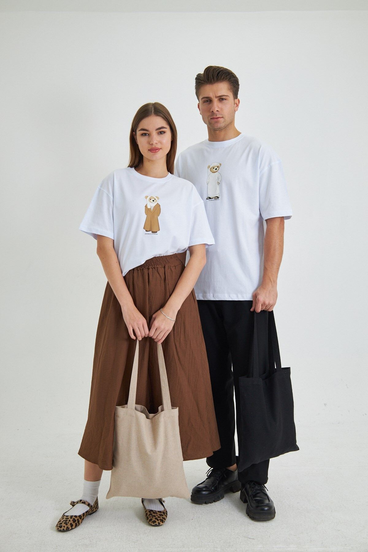 GIA - ART Unisex Special Edition Ayıcık Baskılı Beyaz Tişört Çift Kombini