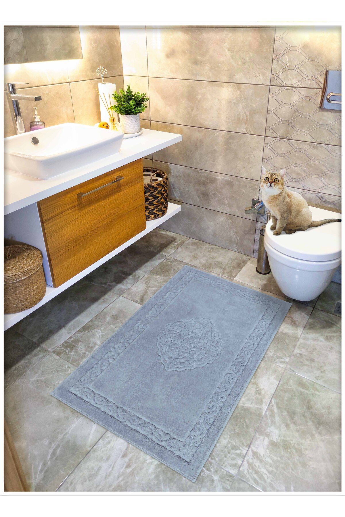 CottonCrafty Pamuk Dokuma Su Emici Banyo Paspası, Banyo Halısı Victoria 70 X 120 Gri
