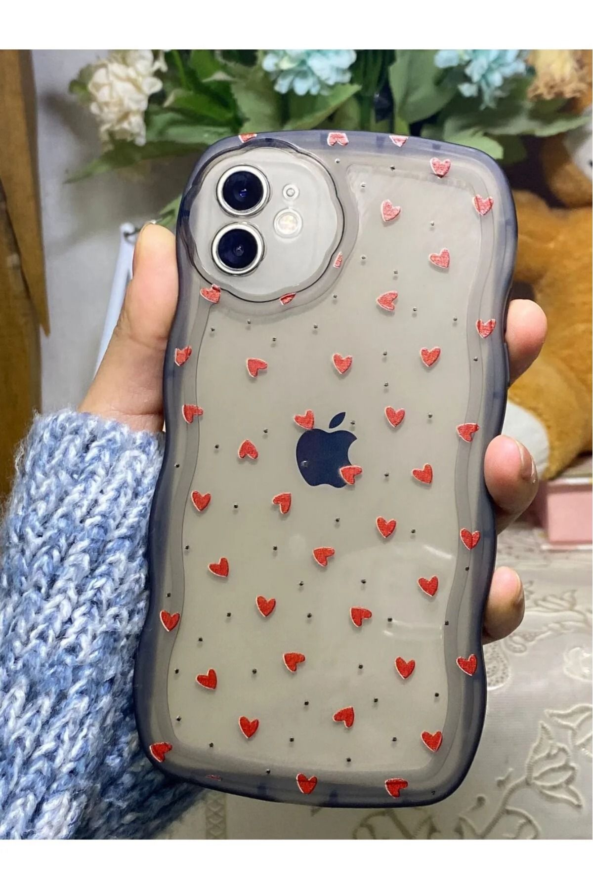 LUXKLAS iphone 11 siyah şeffaf kalp baskılı kılıf