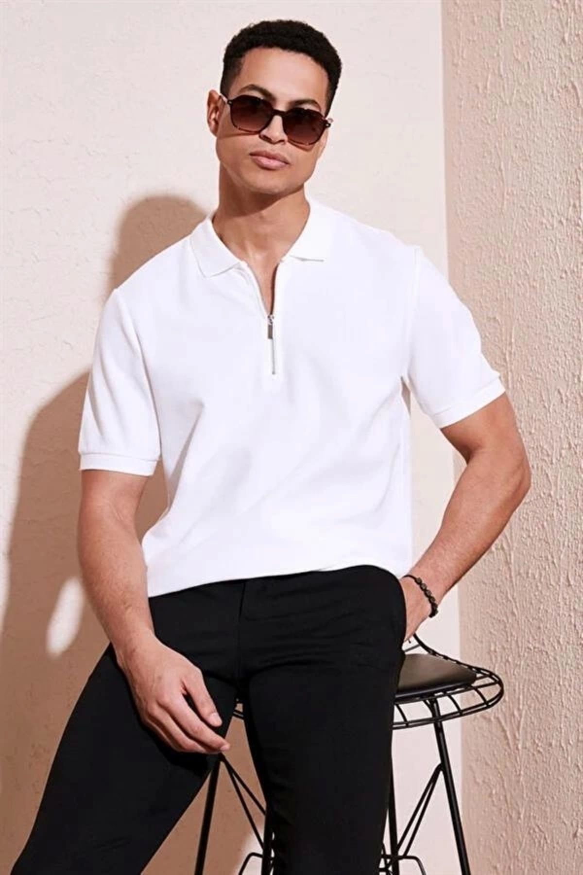 Lale Moda 2570 Fermuarlı Polo Yaka Merselize Kumaş Kolu Ve Beli Lastikli Erkek TShirt Beyaz