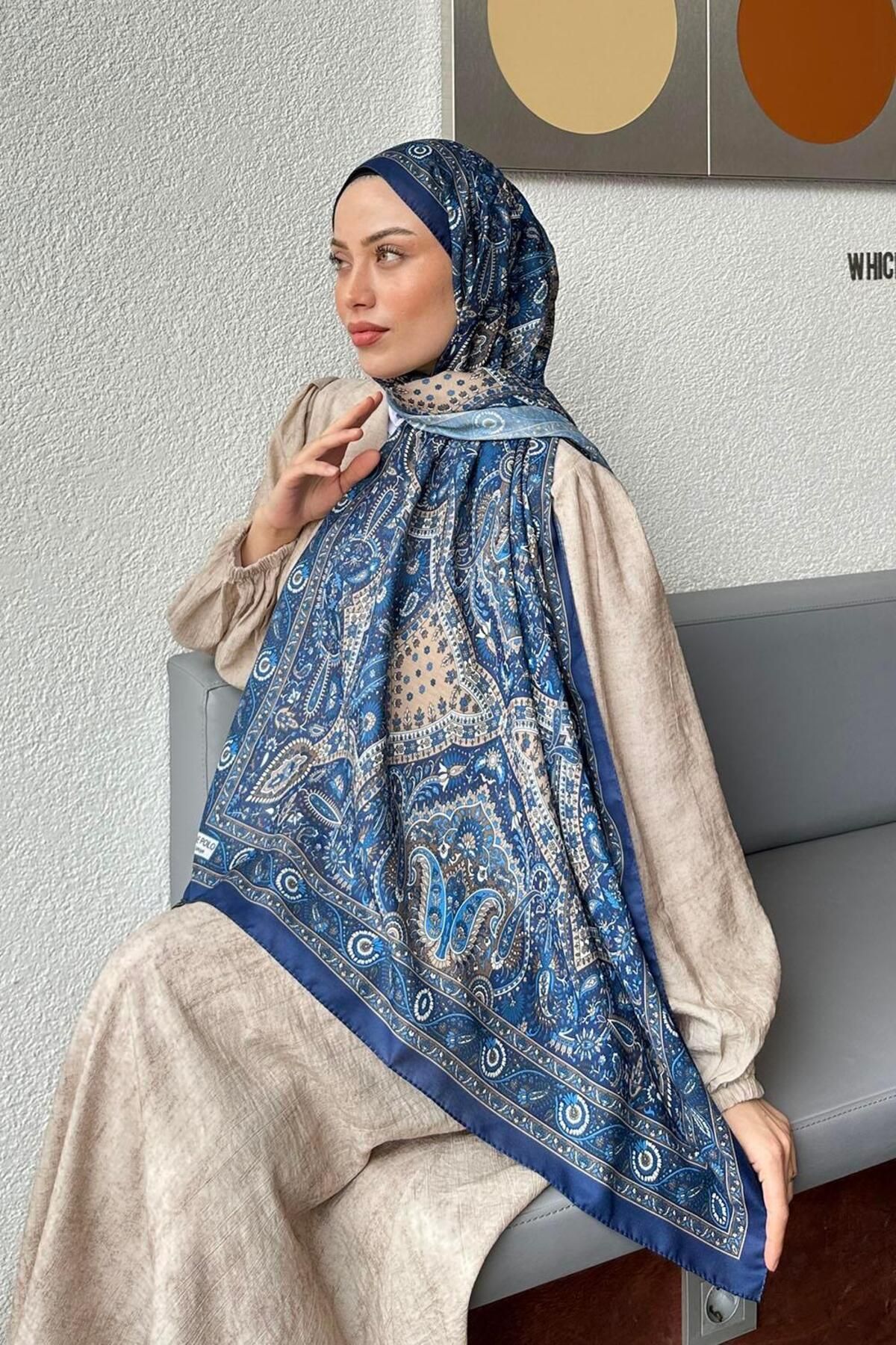 lamelif-Retro Pattern Soft Shawl Midnight Blue 4