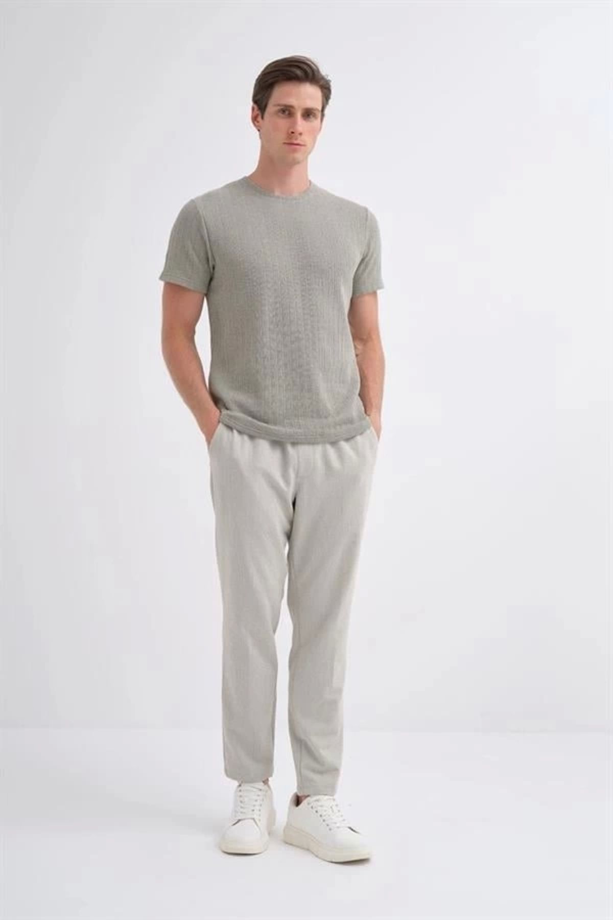 Lale Moda 4011 Örgü Desenli Bisiklet Yaka Regular Fit Erkek T-Shirt Yeşil