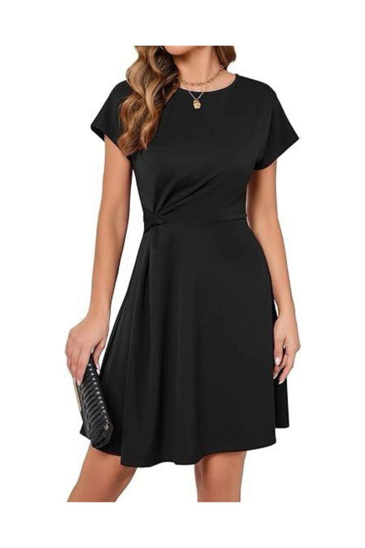Butik Kadın Sendy Kumaş Büzgü Detaylı Kısa Kollu Elbise