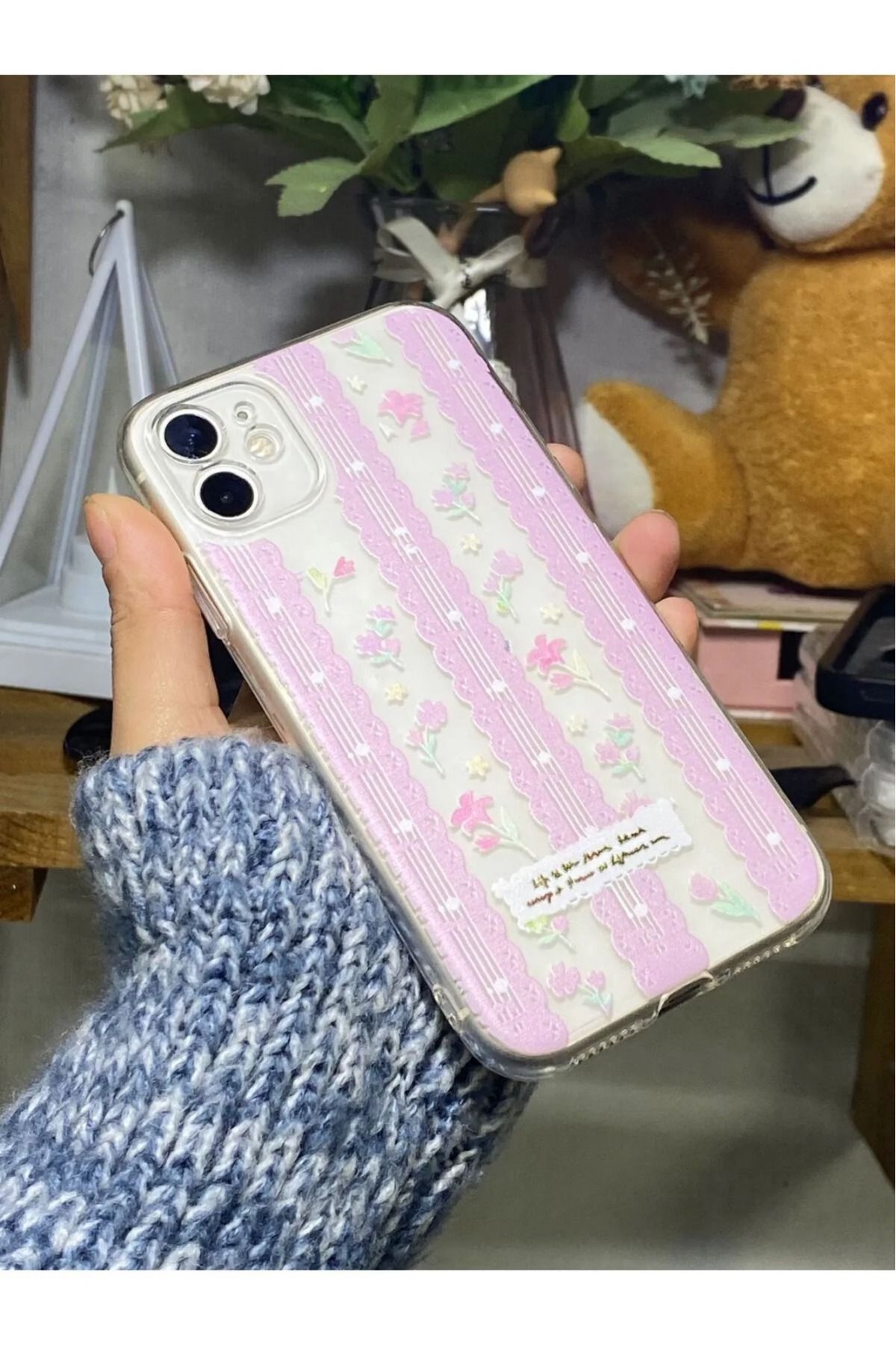 LUXKLAS iphone 11 pembe çiçek baskılı darbeye karşı dayanıklı şeffaf kılıf