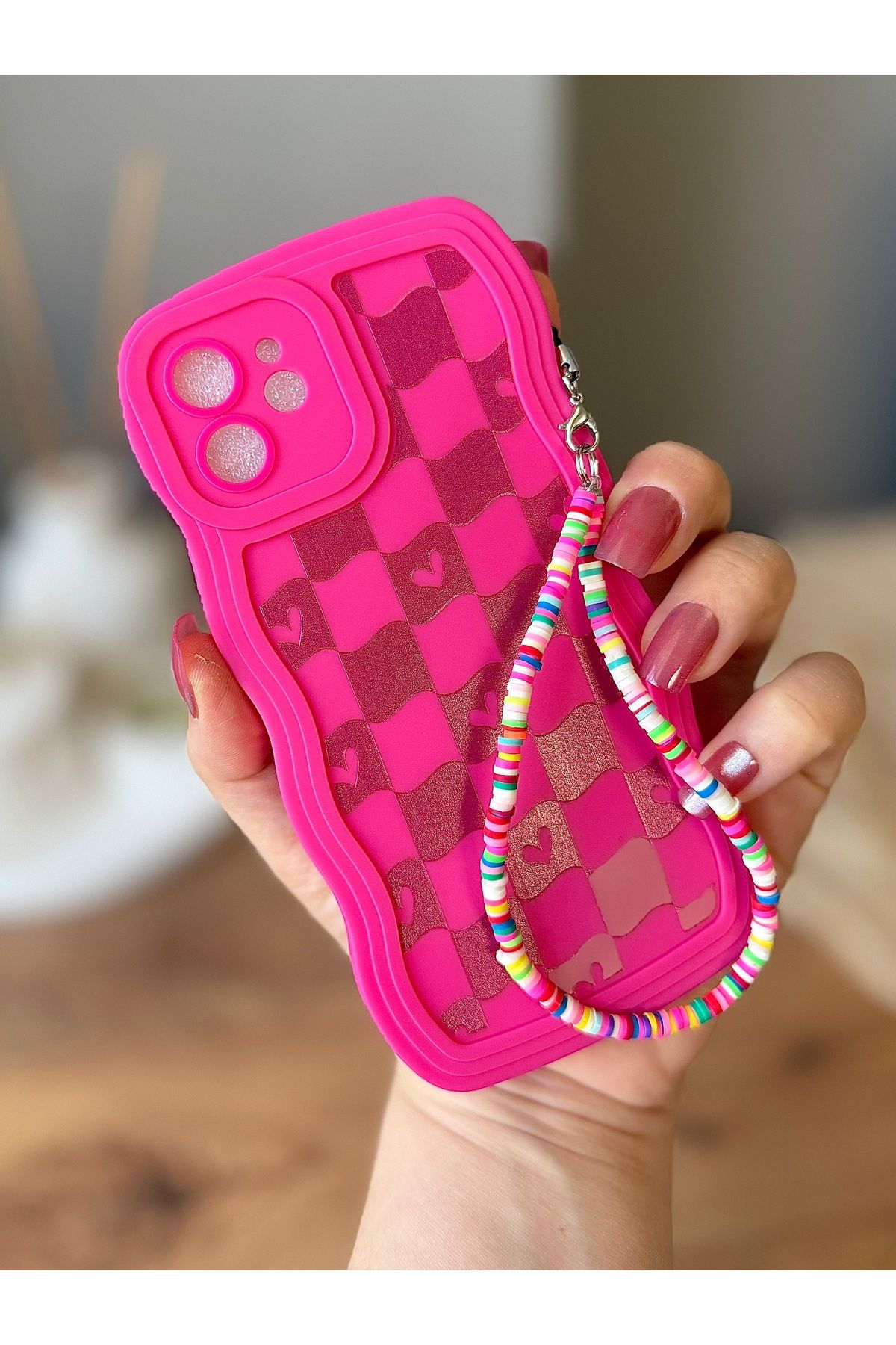 MirazTasarim IPHONE 12 İPLİ KALP DESENLİ DALGALI KENARLI FUŞYA KILIF