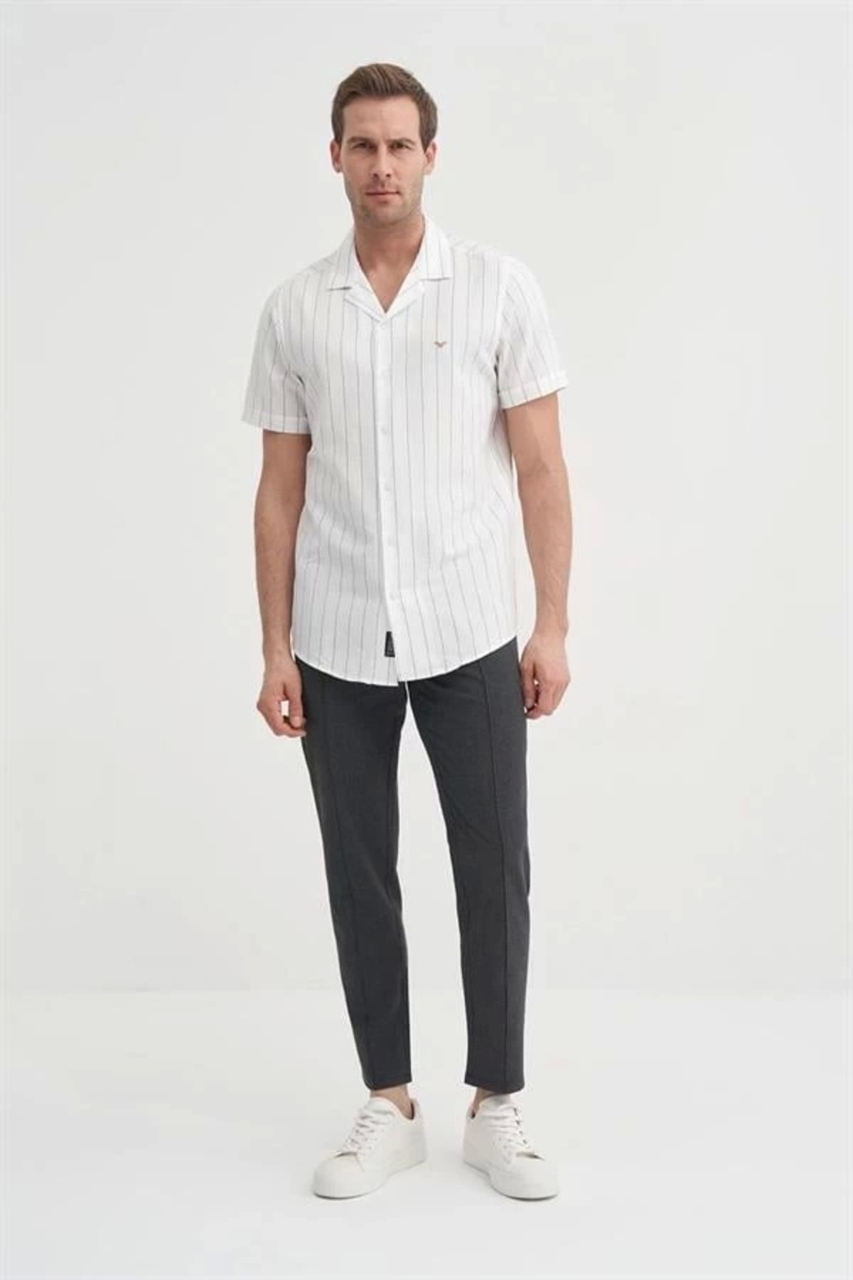 Lale Moda 2019 Regular Fit Keten Kısa Kollu Erkek Gömlek BEYAZ