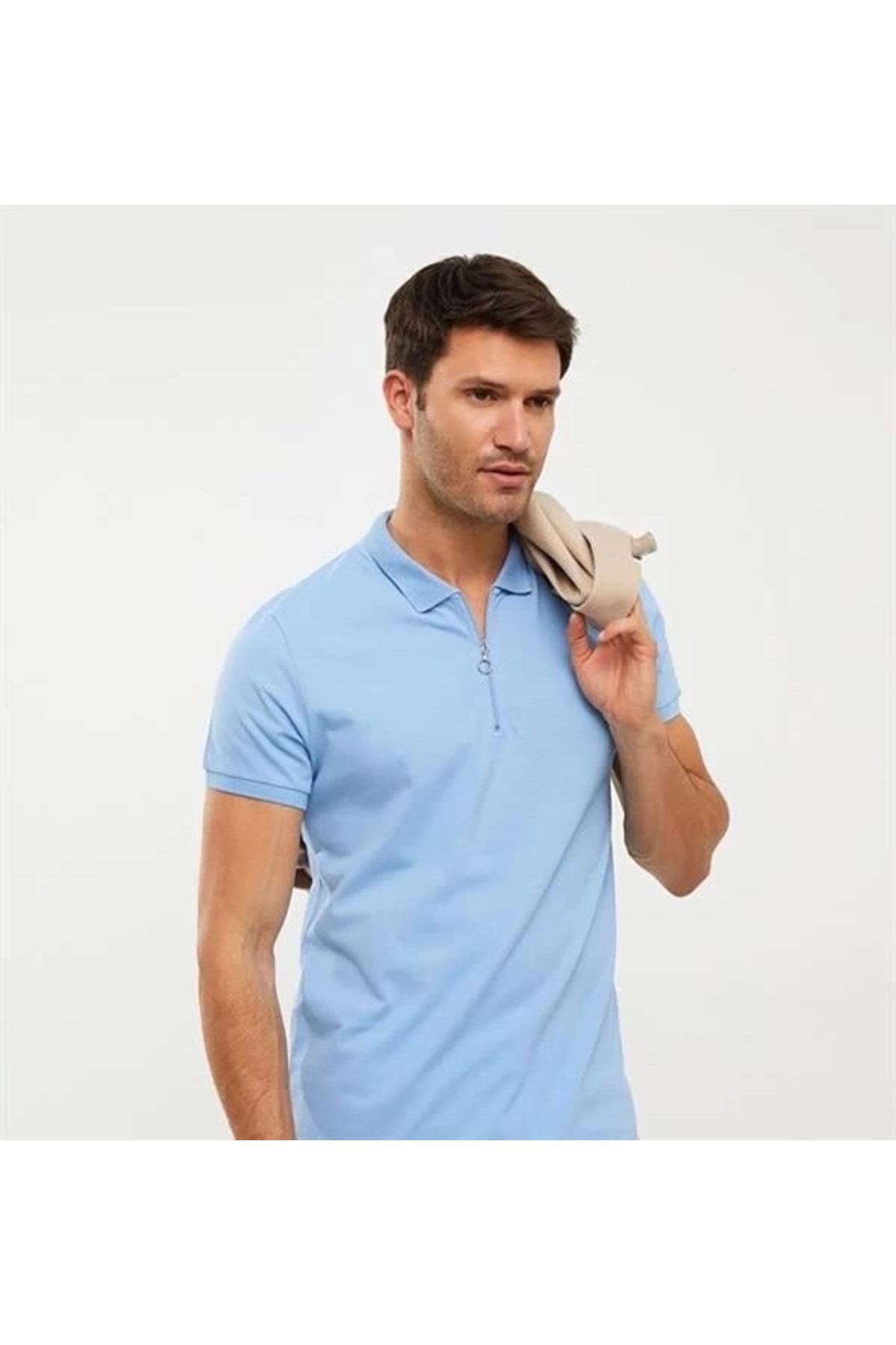 Lale Moda 2570 Fermuarlı Polo Yaka Merselize Kumaş Kolu Ve Beli Lastikli Erkek TShirt Mavi
