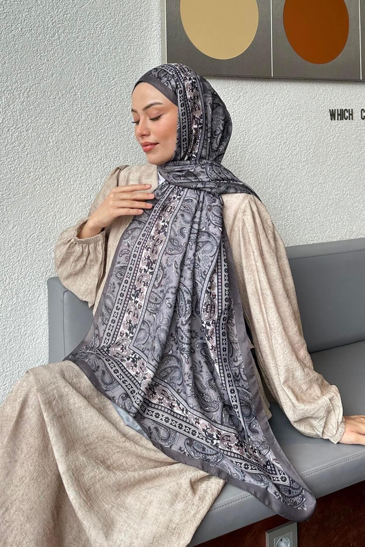 lamelif-Retro Pattern Soft Shawl Gray 4
