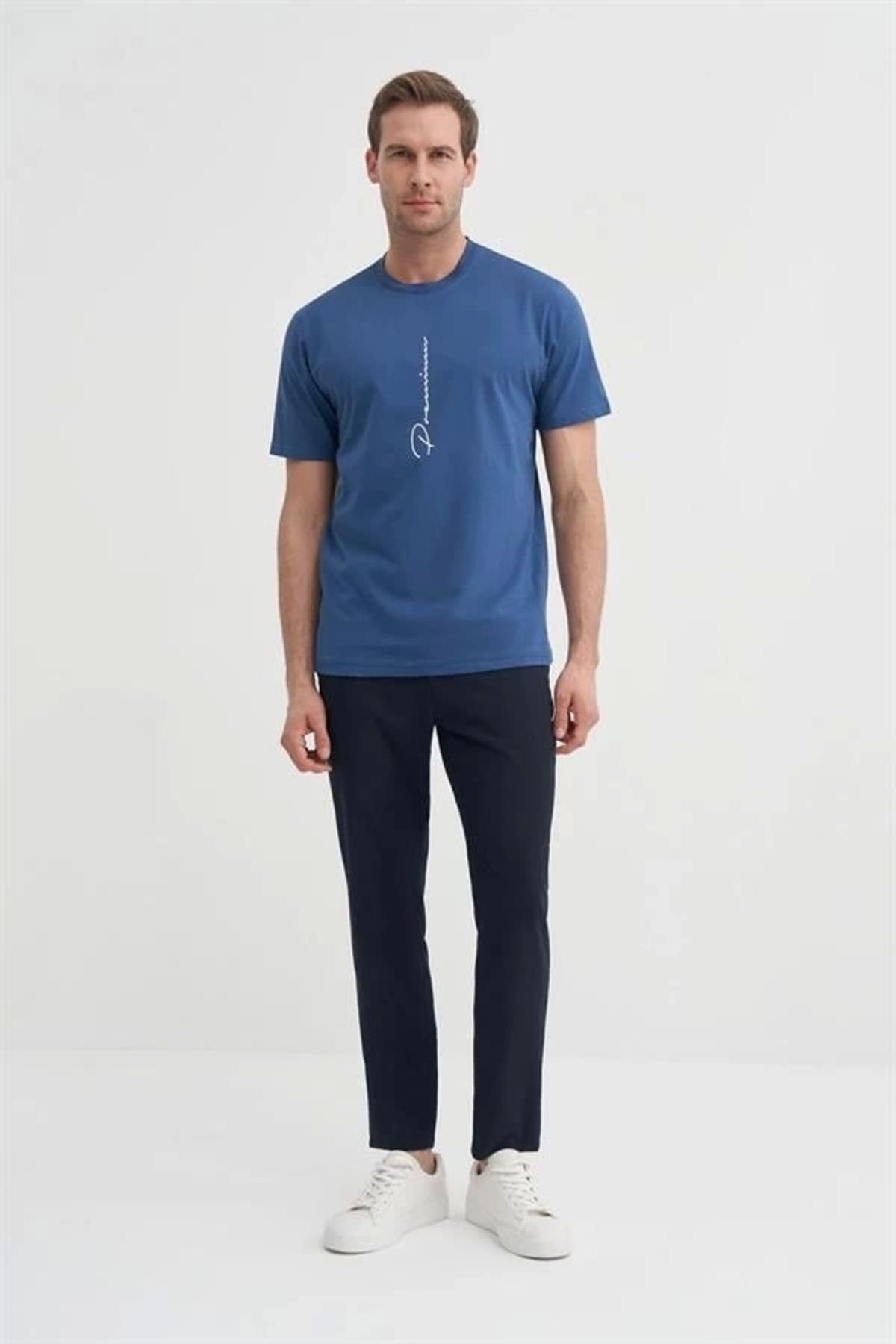 Lale Moda 4091 Yazı Baskılı Bisiklet Yaka Erkek T-Shirt Indigo