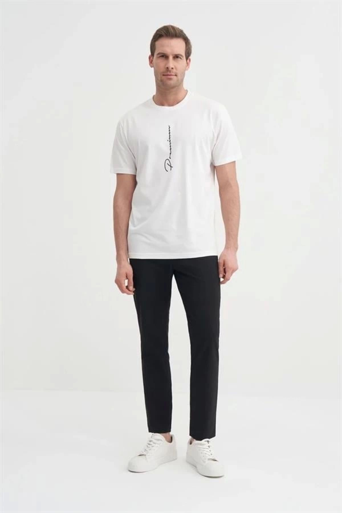 Lale Moda 4091 Yazı Baskılı Bisiklet Yaka Erkek T-Shirt Beyaz