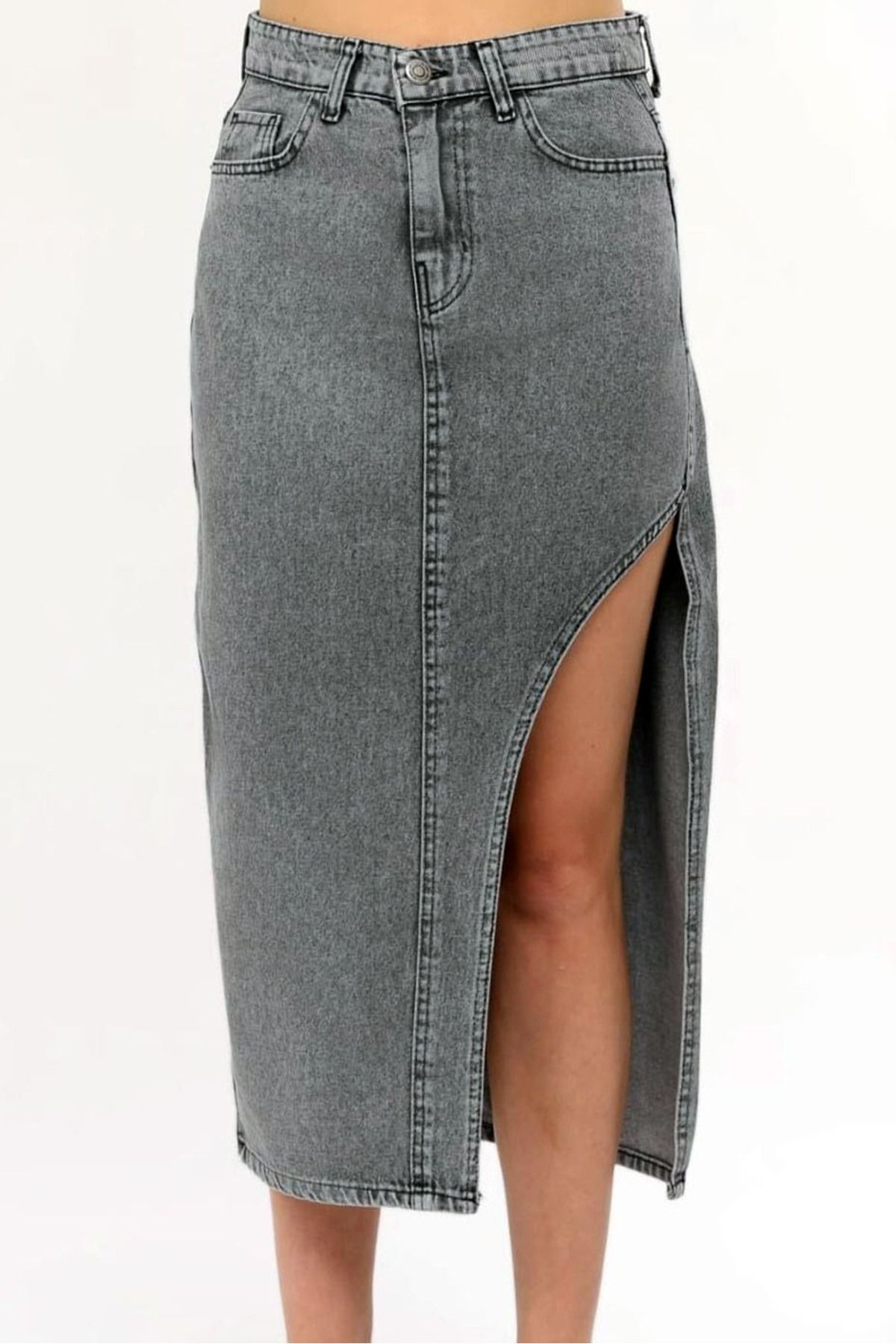 MissThetis Yüksek Bel Düğmeli Yanı Yırtmaçlı Kısa Midi Bilek Boy Çift Cepli Düğmeli Fermuarlı Denim Kot Etek
