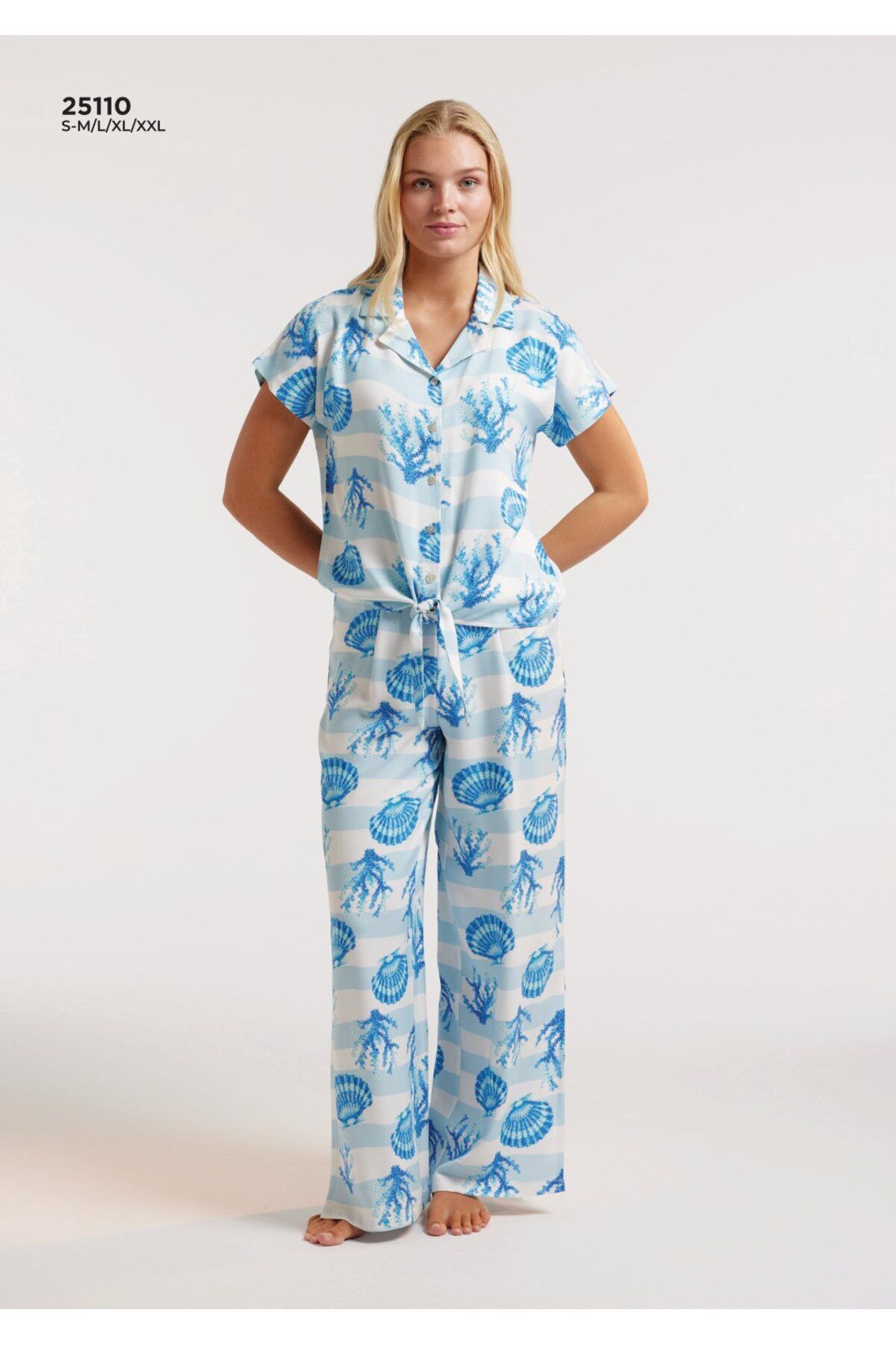 COŞKU Baya Düğmeli Bağlamalı Pijama Takımı Mavi