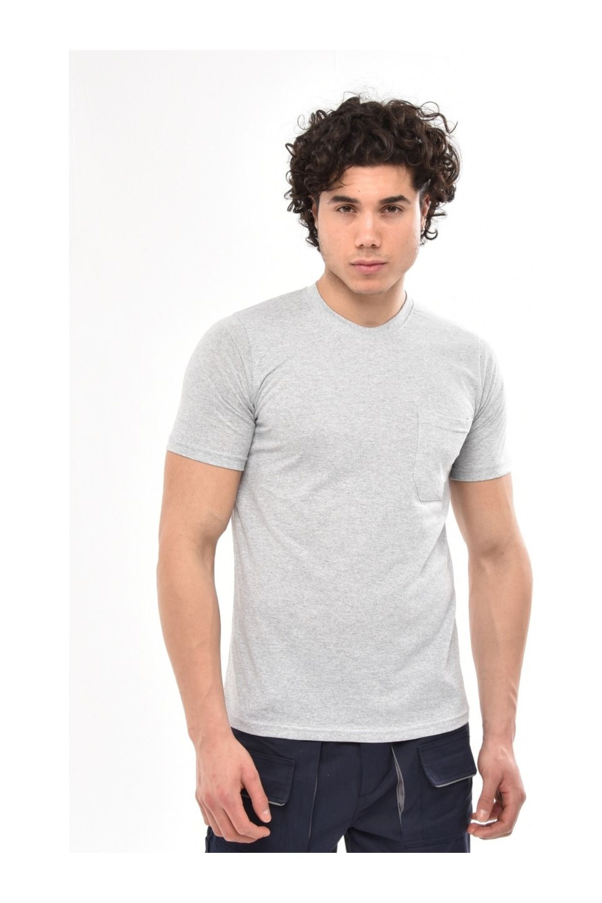 MESAY Bisiklet Yaka Gri Kısa Kollu Süprem Iş Tişörtü - O Yaka T-Shirt